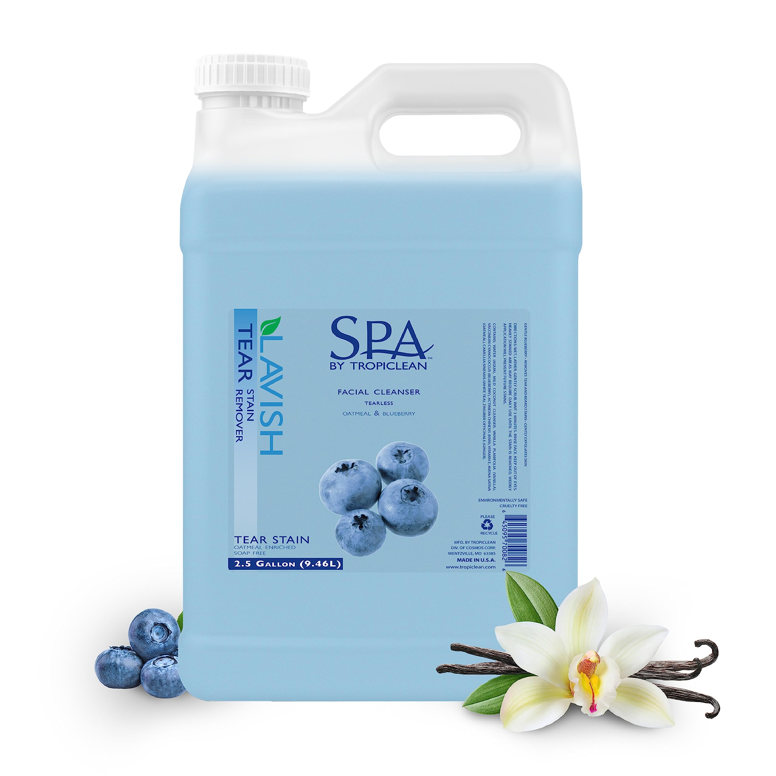 TropiClean SPA Tear Stain Remover for Dogs - Blueberry Facial Shampoo & Odor Eliminator | Gentle Tearless Formula for Whitening & Brightening | Made in USA | 2.5 Gallon | Perfect for Grooming & Daily Dog Care