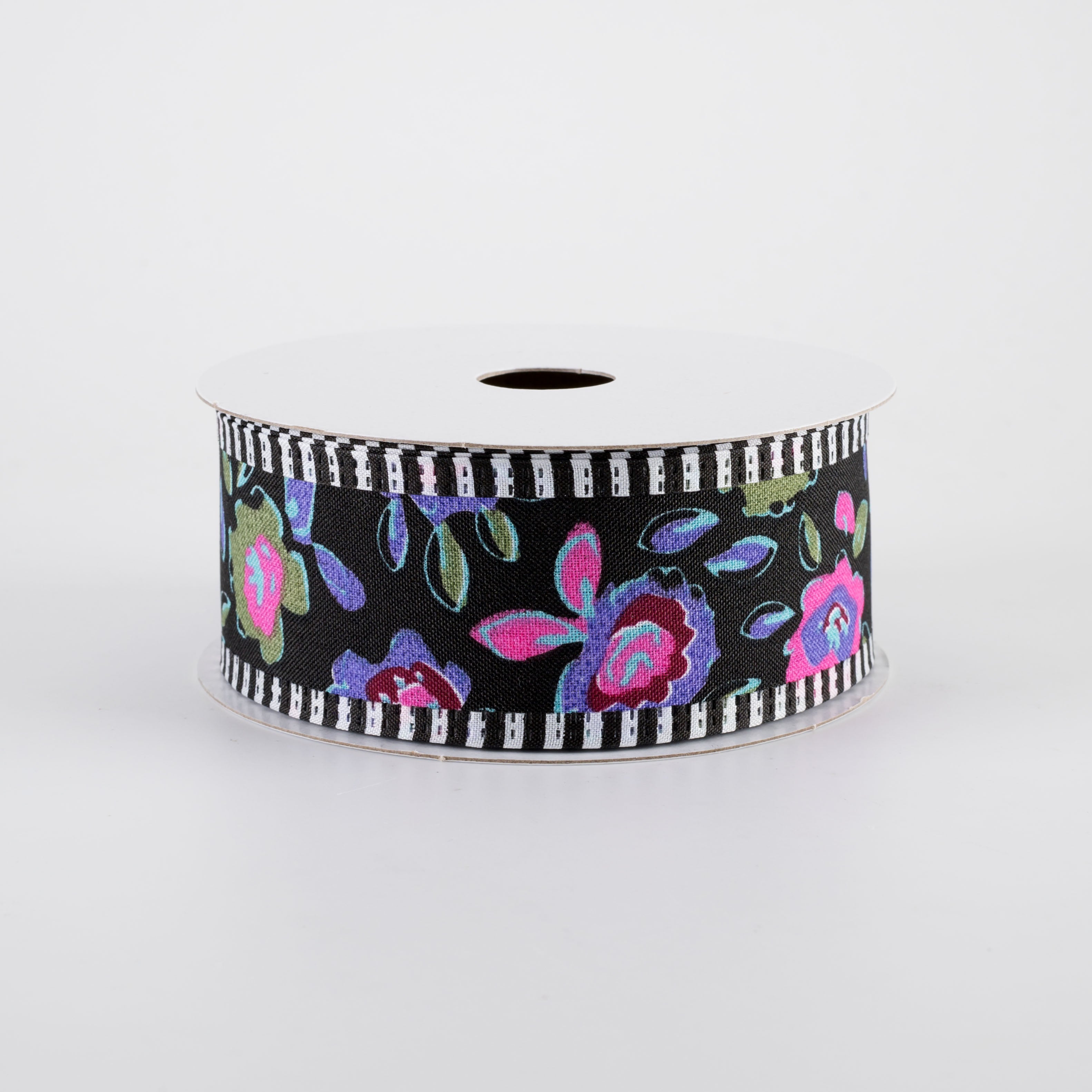 1.5 Inch Funky Flowers Striped Edge Ribbon - Neon on Black Decorative Ribbon (10 Yards) for Gift Wrapping, DIY Crafts, Party Decorations and Scrapbooking