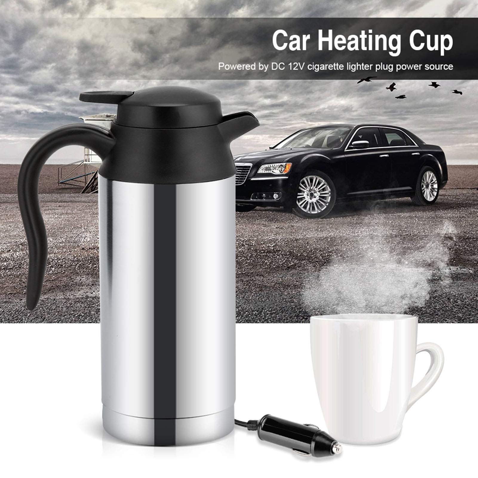 Portable 12V Stainless Steel Electric Car Kettle - DC 12V Auto Travel Coffee Mug with Cigarette Lighter Charger, Insulated Stainless Steel Thermos for Road Trips, Camping & Office Use