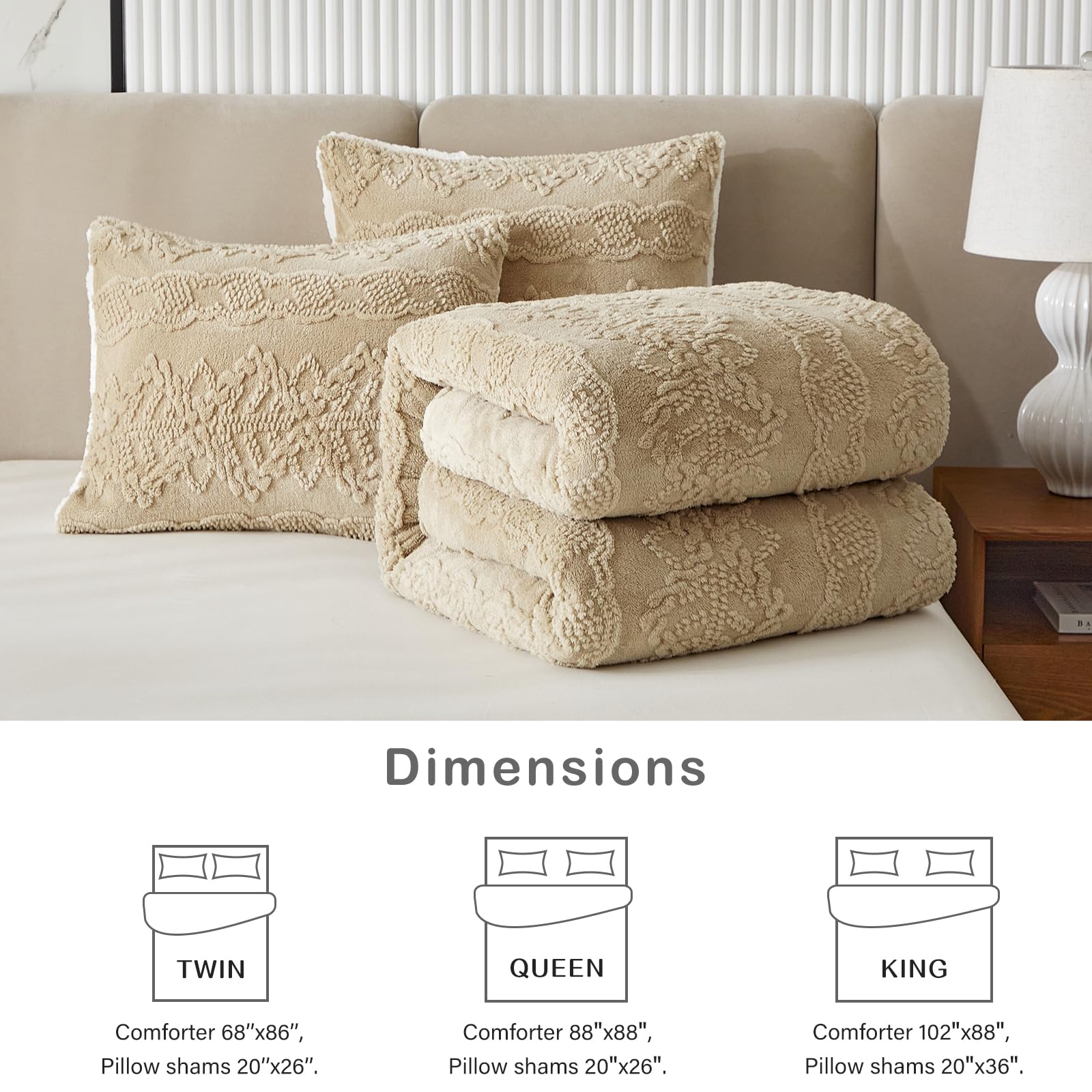 Luxury Flannel Fleece Sherpa Comforter Set Full/Queen Size - Jacquard Boho Stripes Down Alternative Bedding - Ultra Soft & Warm Winter Comforter with 2 Pillowcases (Khaki) - Perfect for Cozy Bedrooms, Guest Rooms & Cold Weather Comfort