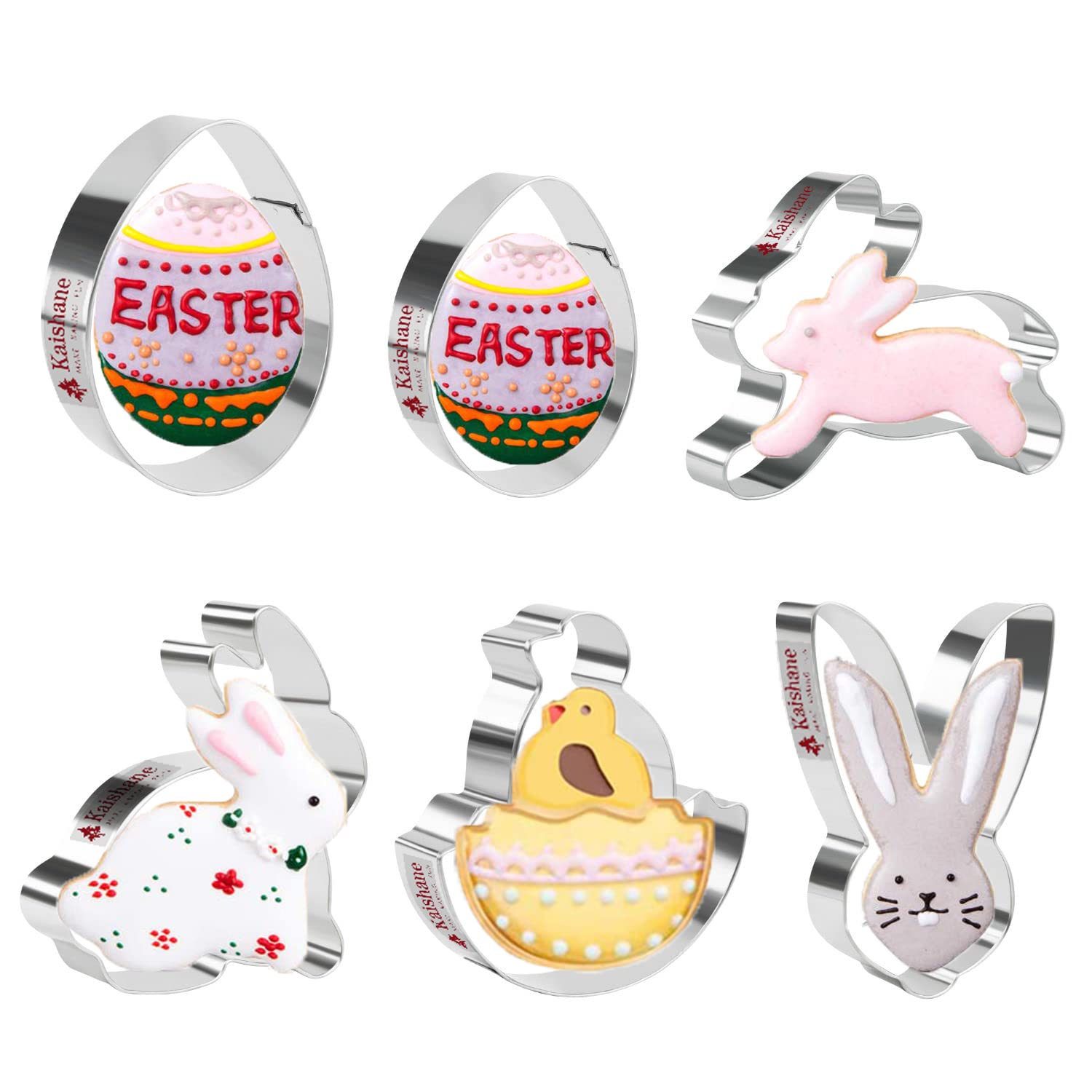 KAISHANE Easter Cookie Cutter Set - 6 PCS Stainless Steel Cookie Cutters (Egg, Bunny, Bunny Face, Chick, Carrot) for Baking, Fondant, DIY Decorations - Perfect for Easter Treats, Holiday Cookies, and Spring Party Desserts