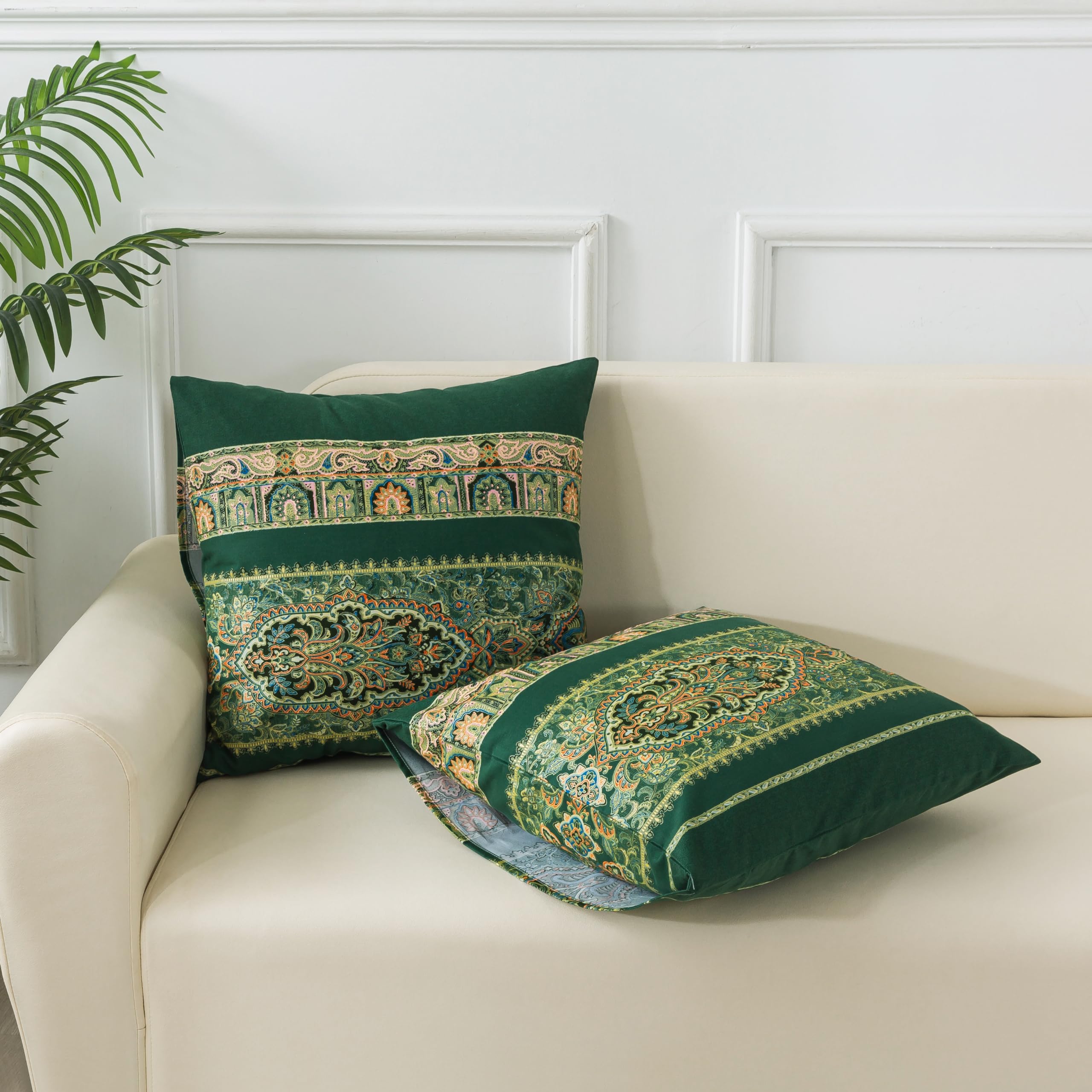 Softta Green Boho Paisley 16x16 Inches Square Pillow Covers Set of 2 - 100% Brushed Cotton Decorative Throw Pillow Cases (No Insert) - Perfect for Bohemian Living Room, Bedroom & Outdoor Decor