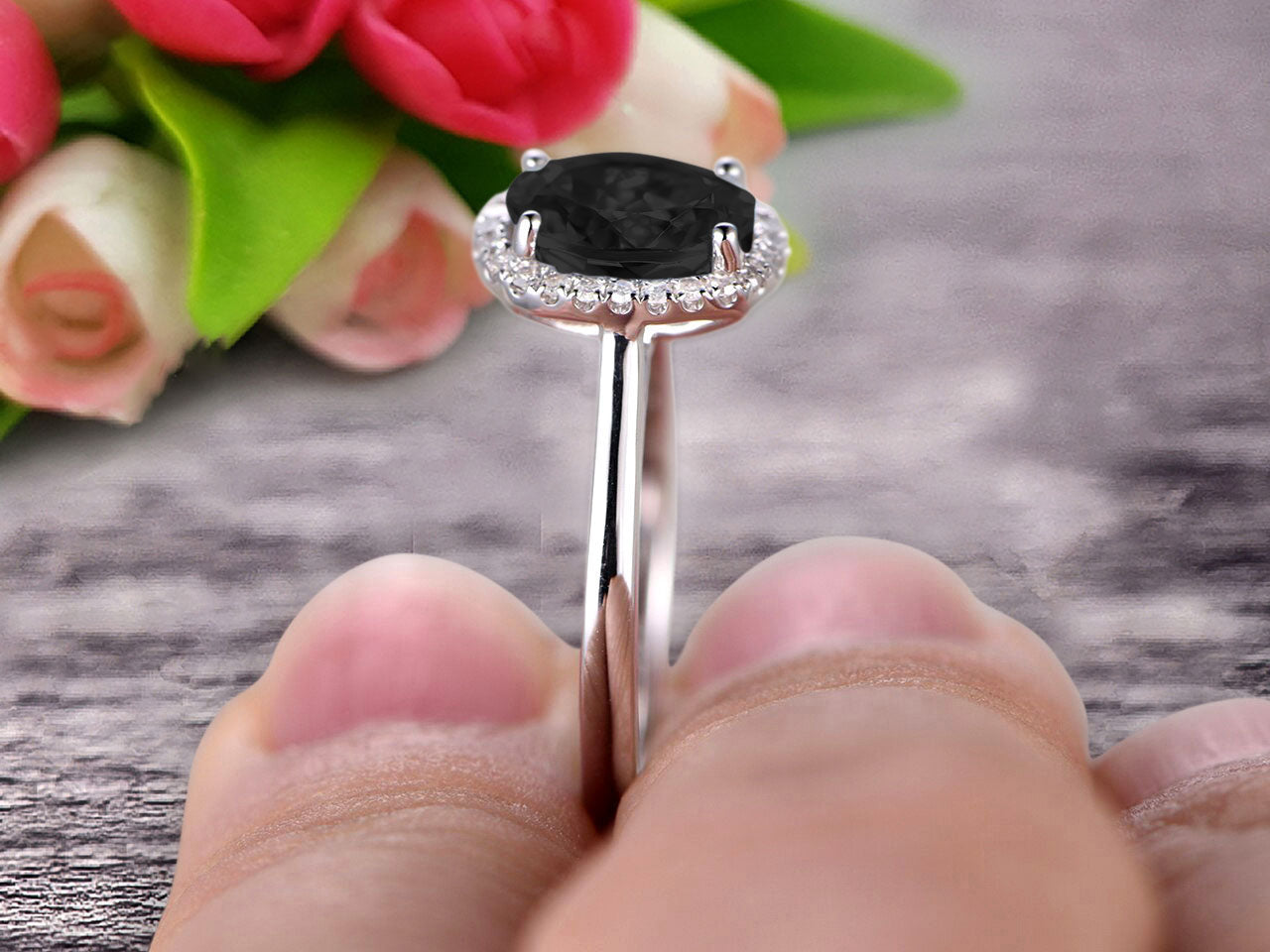 1.25 Carat Oval Cut Black Diamond Moissanite Engagement Ring - 10k White Gold Wedding Band for Women, Anniversary Gift for Her - Perfect for Proposals, Valentine's Day & Special Occasions