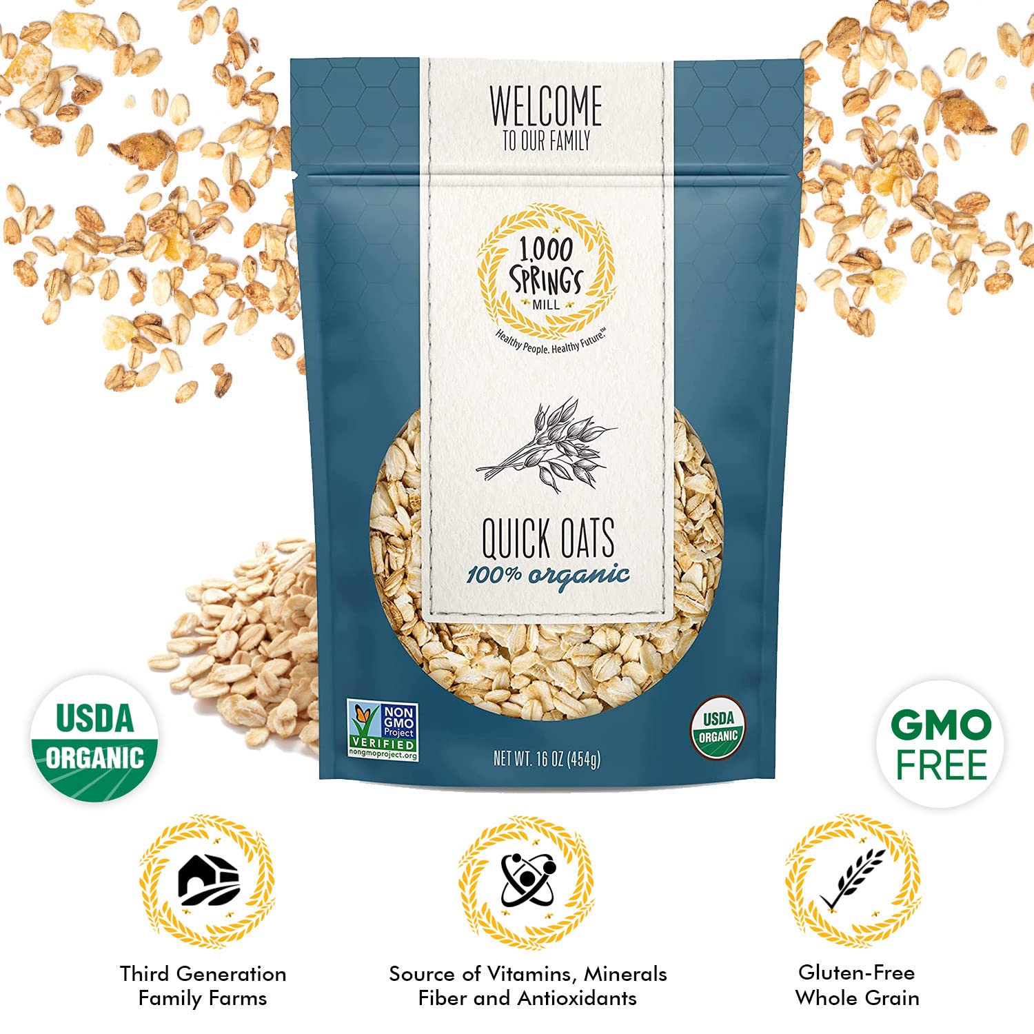 Organic Quick Oats by 1000 Springs Mill | 16oz Resealable Bag | Perfect for Breakfast Oatmeal, Baking Muffins, Granola Bars & Cookies | USDA Certified Bulk Rolled Oats for Healthy Recipes & Meal Prep
