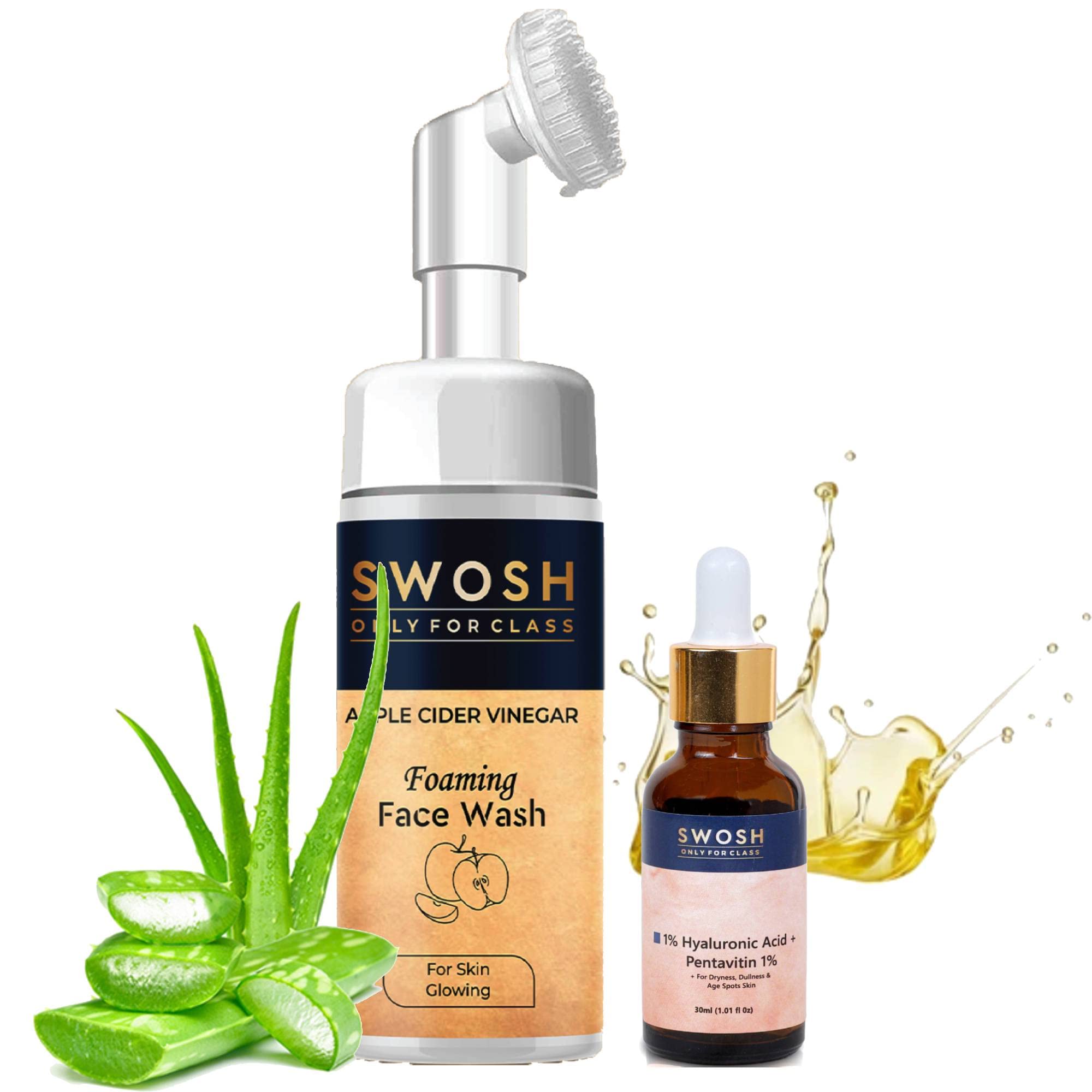 SWOSH Skincare Combo Pack - Apple Cider Vinegar Foaming Face Wash for Gentle Exfoliation & Deep Cleansing (100ml) + Hyaluronic Acid Anti-Acne Serum (30ml) | Daily Skincare Routine for Clear, Hydrated Skin | Perfect for Oily, Acne-Prone Skin Types