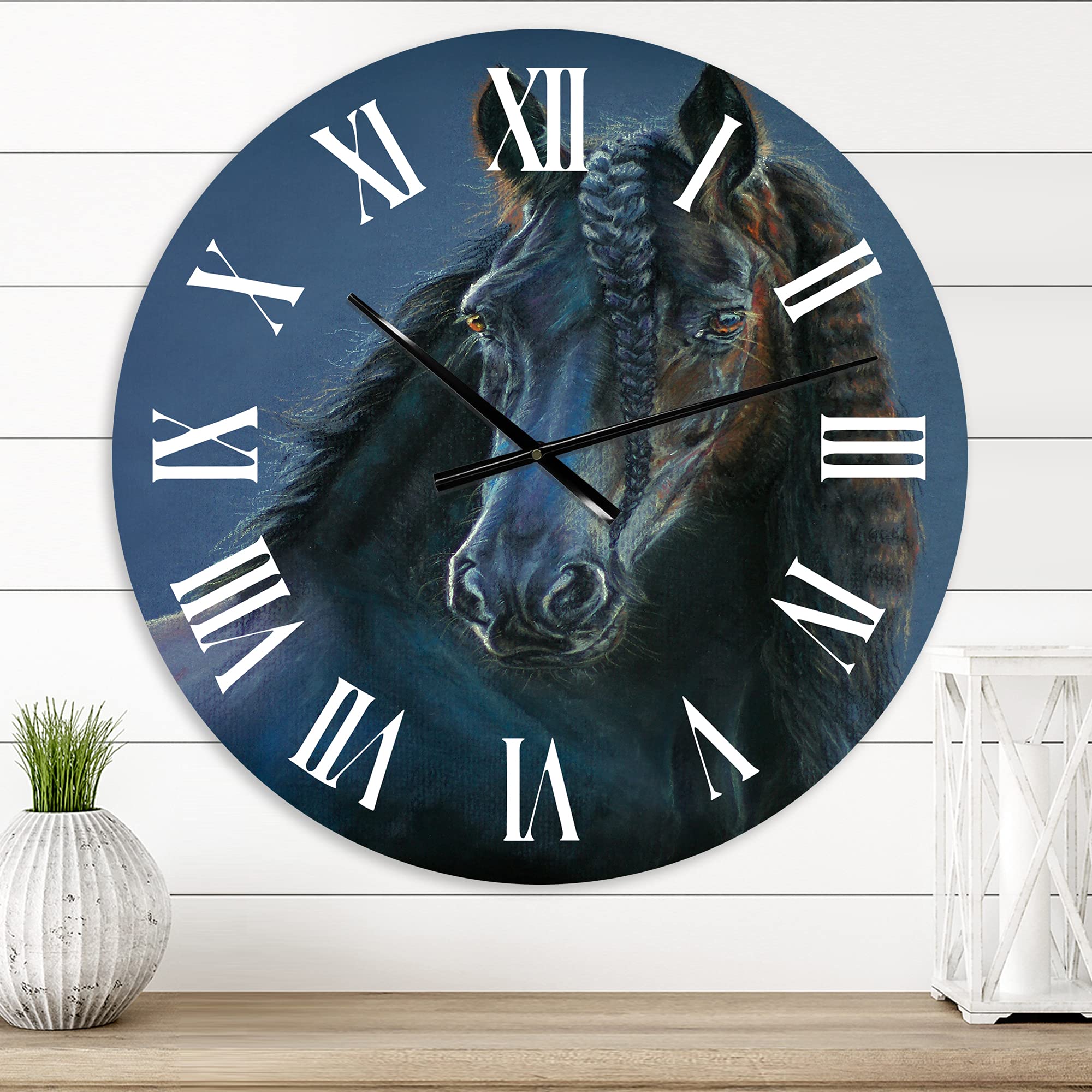 Farmhouse Wall Clock 'Frisian Horse Portrait' - Large Rustic Animal Wall Clock for Home & Office Decor - Perfect for Living Room, Bedroom, Kitchen, or Country Style Interior Design