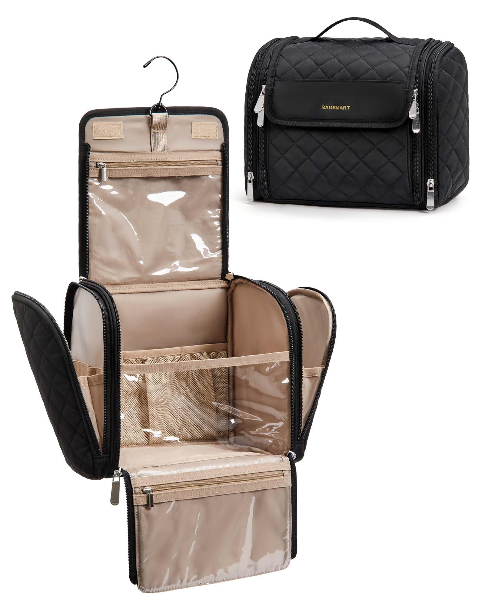 BAGSMART Large Hanging Makeup Bag for Women - Portable Travel Cosmetic Organizer with Hook, Spacious Toiletry Case for Full-Sized Cosmetics & Essentials, Black | Perfect for Travel, Gym, and Home Storage