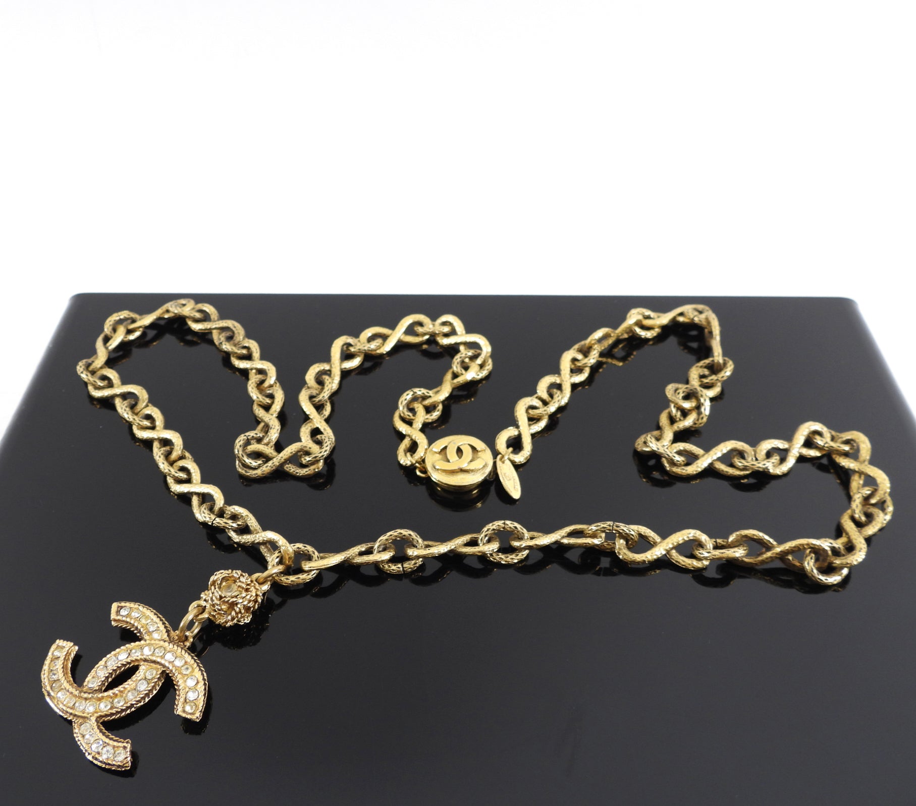 Vintage Chanel Crystal CC Logo Long Chain Necklace for Women - Elegant Layered Pendant Jewelry for Party, Wedding & Evening Wear
