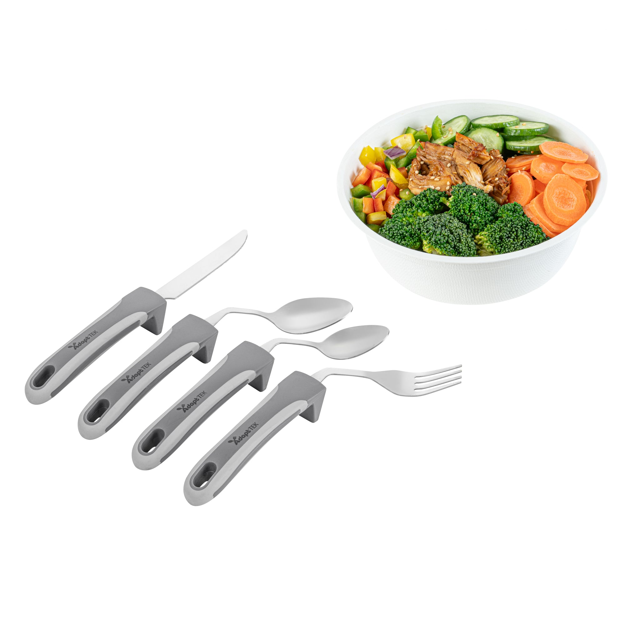Adapt Tek Gray Stainless Steel 4-Piece Adaptive Offset Utensil Set for Left-Handed Users - Lightweight, Non-Slip Grip - Perfect for Arthritis & Limited Mobility - 1 Count Box - Ideal for Cooking, Dining & Assisted Living