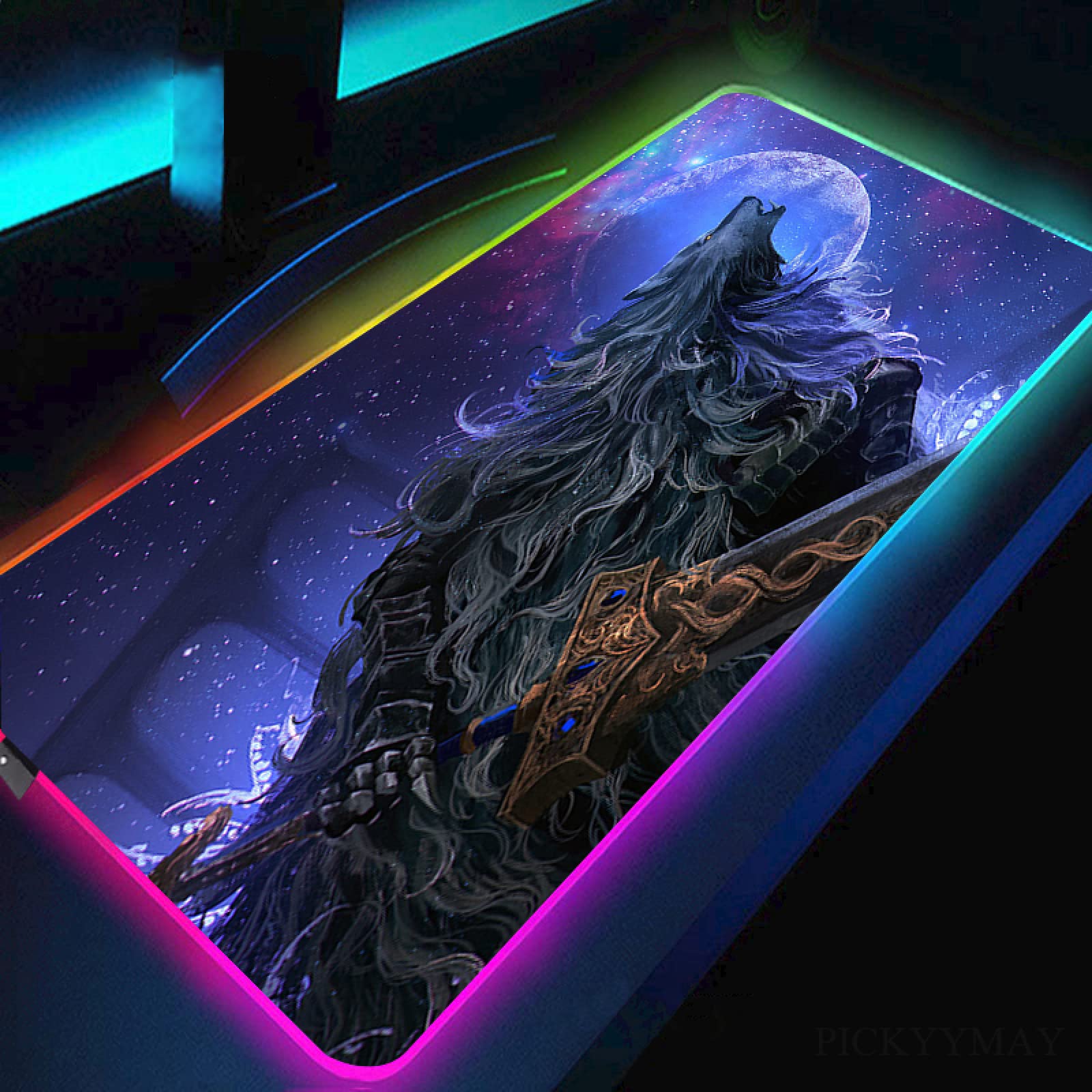 Elden Ring Gaming Mouse Pad - Blue Starry Sky RGB Backlit XXL Mousepad (9.8x13.78 inches) with Wolf Blaidd Design | Non-Slip PC Gaming Desk Mat for Esports, Office & Home Computer Setup