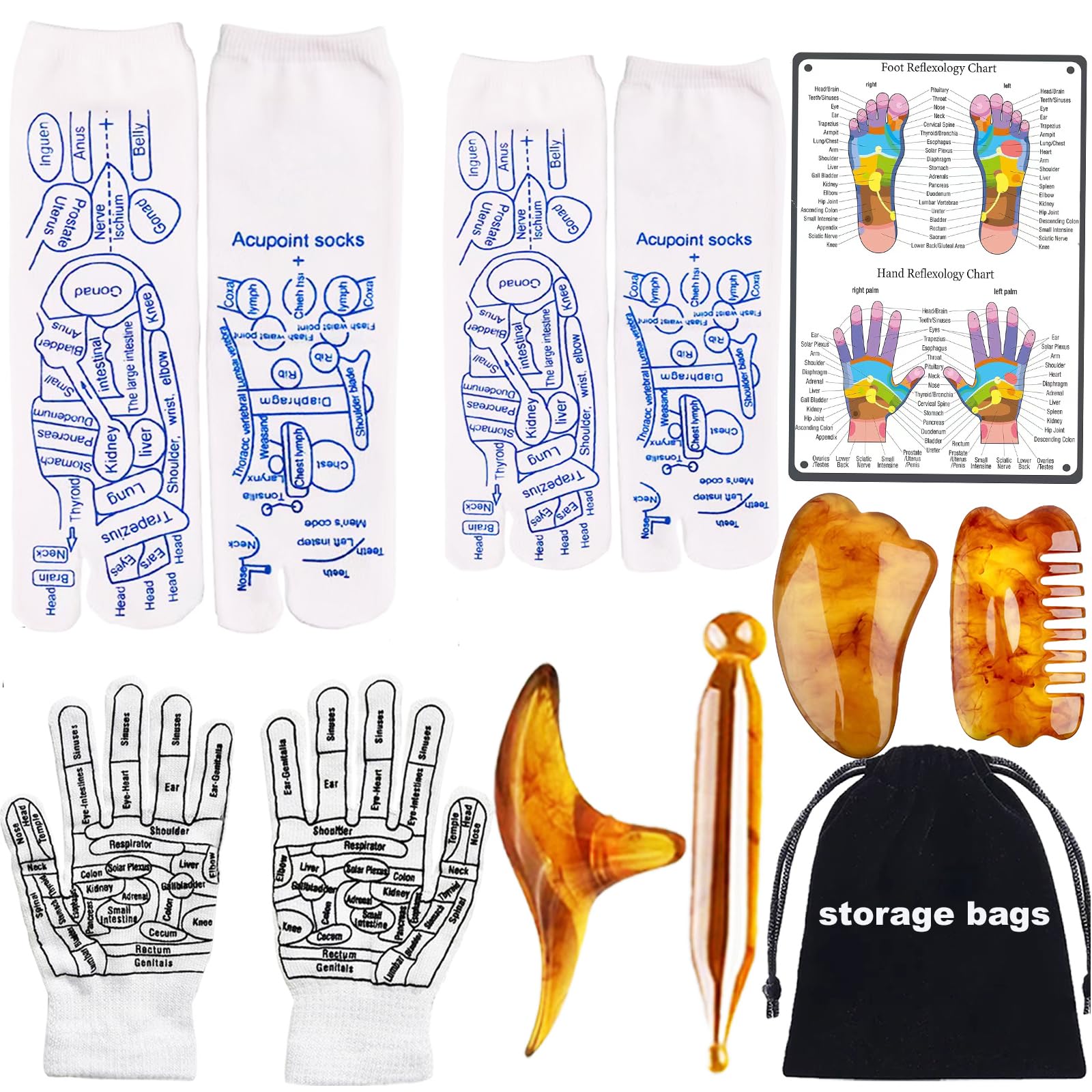 Reflexology Massage Socks & Gloves Set with 4pc Trigger Point Tools - Foot & Hand Massager for Pain Relief - Perfect for Men & Women - Ideal for Relaxation, Yoga, and Post-Workout Recovery
