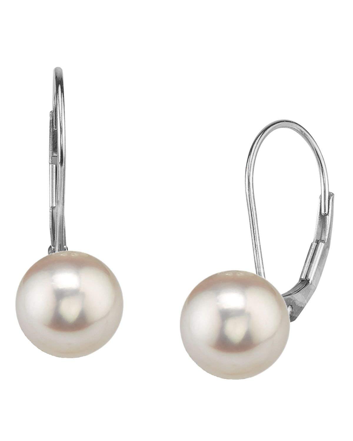 THE PEARL SOURCE Genuine White Freshwater Cultured Pearl Leverback Earrings for Women - Elegant Jewelry Gift for Weddings, Parties & Special Occasions