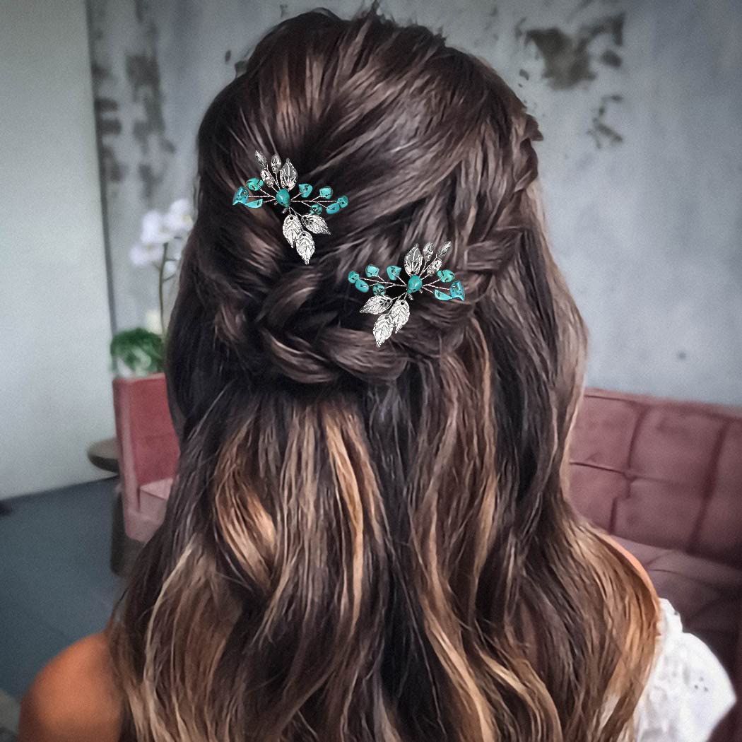 Turquoise Hair Pins with Silver Leaf Design - Glitter Rhinestone Bridal Hair Accessories for Women (Pack of 2) | Perfect for Weddings, Prom, Parties & Special Occasions