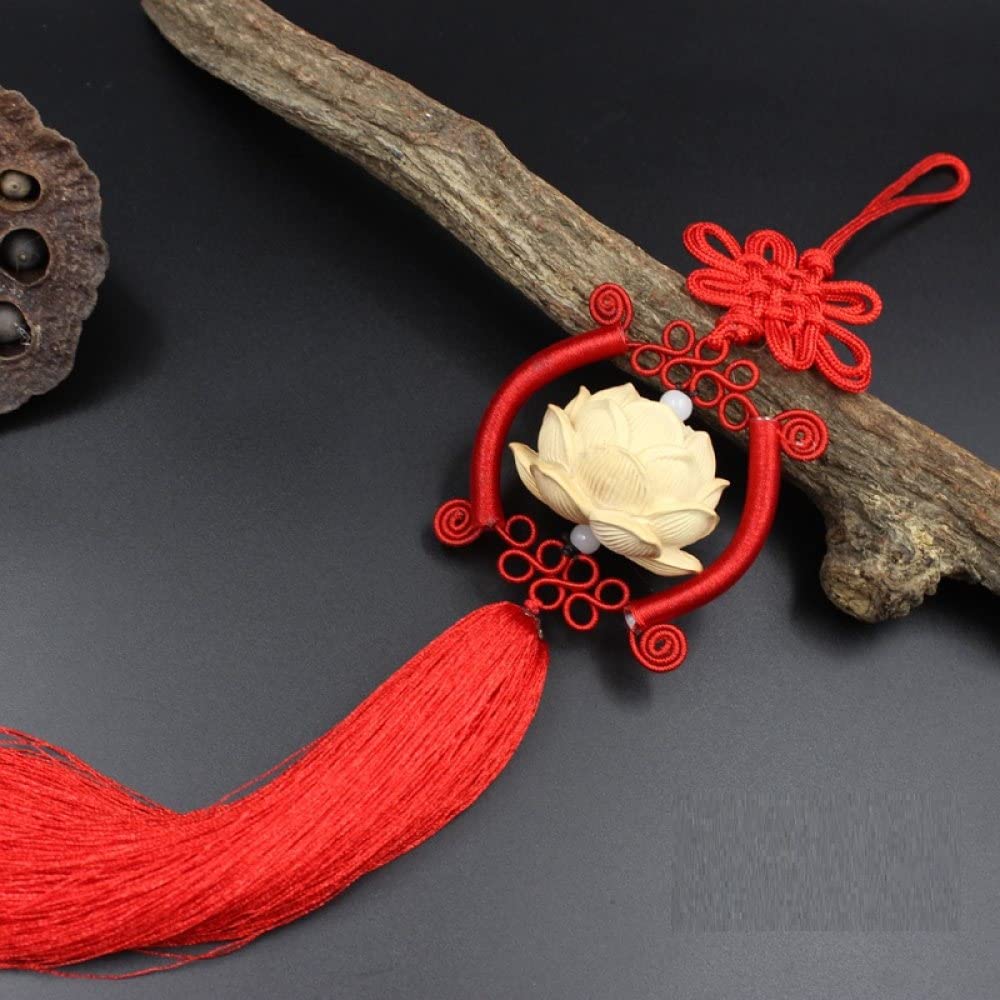 Wood Carved Lotus Car Mirror Hanging Charm with Chinese Knot Tassel - Handcrafted Car Interior Accessory for Men - Feng Shui Rear View Mirror Ornament for Safe Driving & Positive Energy (Red) - Perfect for Daily Commute, Road Trips & Gift Giving