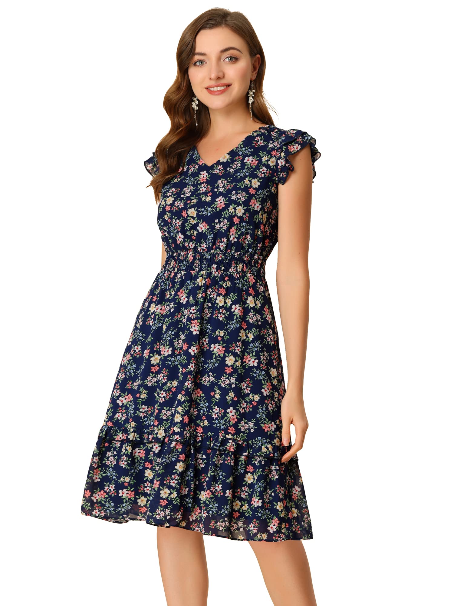 Allegra K Women's Floral Print Flutter Sleeve V-Neck Smocked Ruffle Summer Dress | Casual & Party Wear | Perfect for Beach Vacations, Date Nights & Outdoor Events