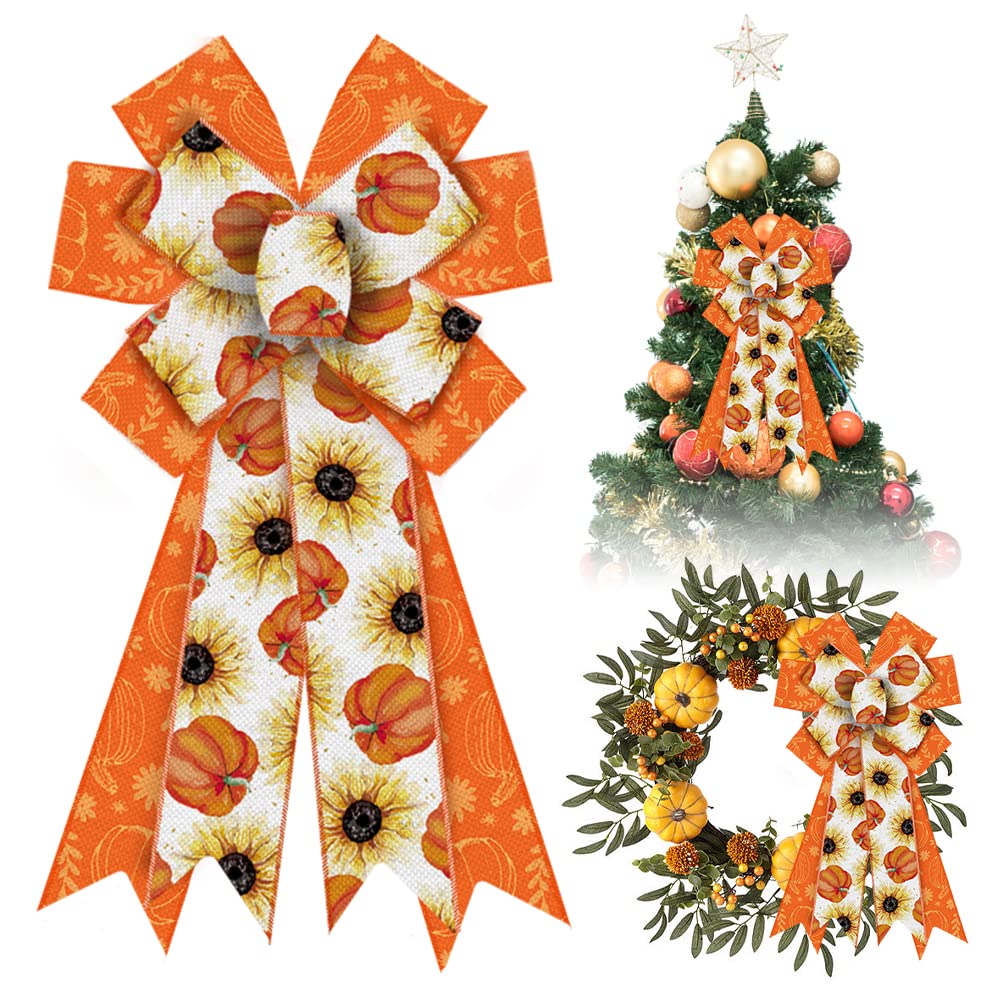 Fall Pumpkin Wreath Bows - Orange White Burlap Decor for Thanksgiving Door