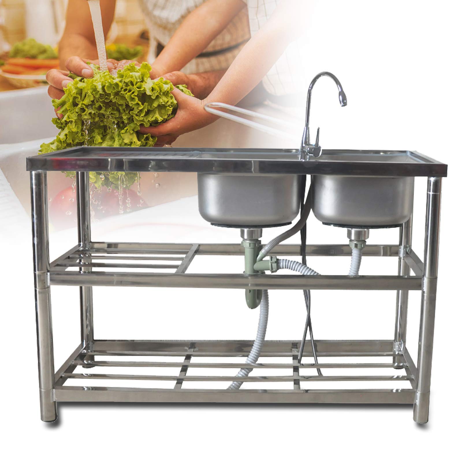 Premium Commercial Double Bowl Stainless Steel Kitchen Sink Set with Drainer & Faucet - Heavy Duty 16 Gauge for Restaurants, Bars, Cafes & Home Kitchens - Perfect for High-Traffic Food Prep, Dishwashing & Buffet Stations