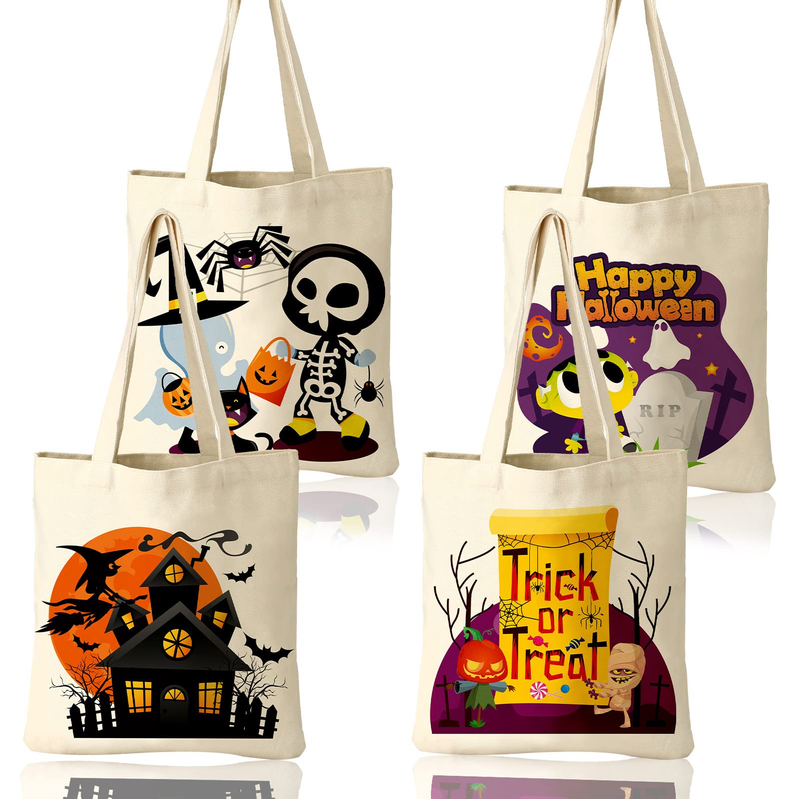 4 Pack Large Reusable Halloween Treat Bags - Canvas Trick or Treat Candy Bags for Kids, Pumpkin & Skull Design Party Favors - Perfect for Halloween Parties, School Events & Neighborhood Trick-or-Treating