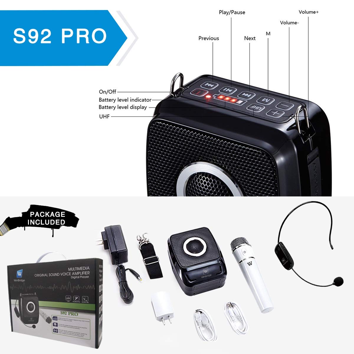 WinBridge S92 Pro Wireless Voice Amplifier with Carry Case - Portable PA System for Teachers, Tour Guides & Public Speaking - Save Now!