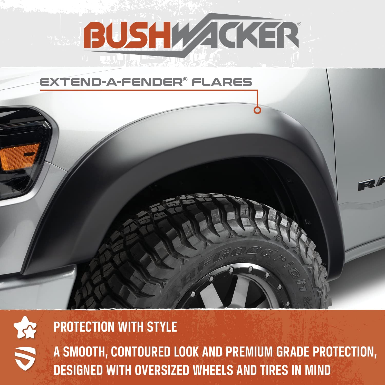 Bushwacker Extend-A-Fender Extended Front Fender Flares - 2-Piece Set, Black Smooth Finish (50035-02) | Compatible with 2009-2018 Dodge Ram 1500 & 2019-2022 Ram 1500 Classic (Excludes R/T & Rebel) | Off-Road Protection & Enhanced Style for Trucks