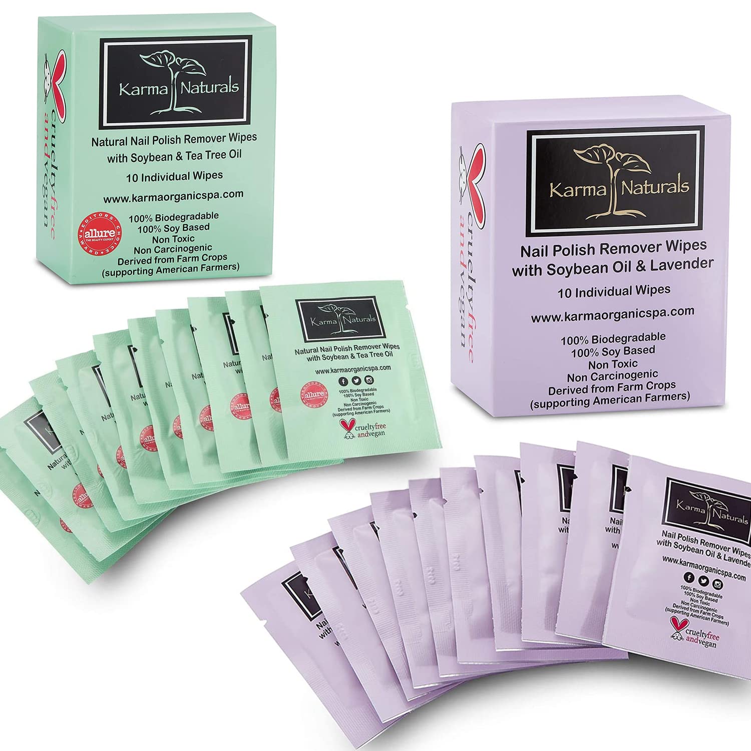 Organic Nail Polish Remover Wipes Set - 10 Lavender & 10 Tea Tree Infused Wipes for Gentle Nail Care | At-Home Manicures, Travel & Salon Use