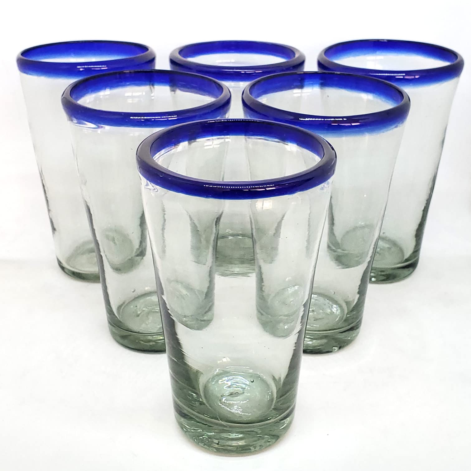 Eco-Friendly Cobalt Blue Rim 16 oz Pint Glasses Set of 6 - Recycled Lead-Free & Toxin-Free Glassware for Beer, Cocktails & Home Bar Decor