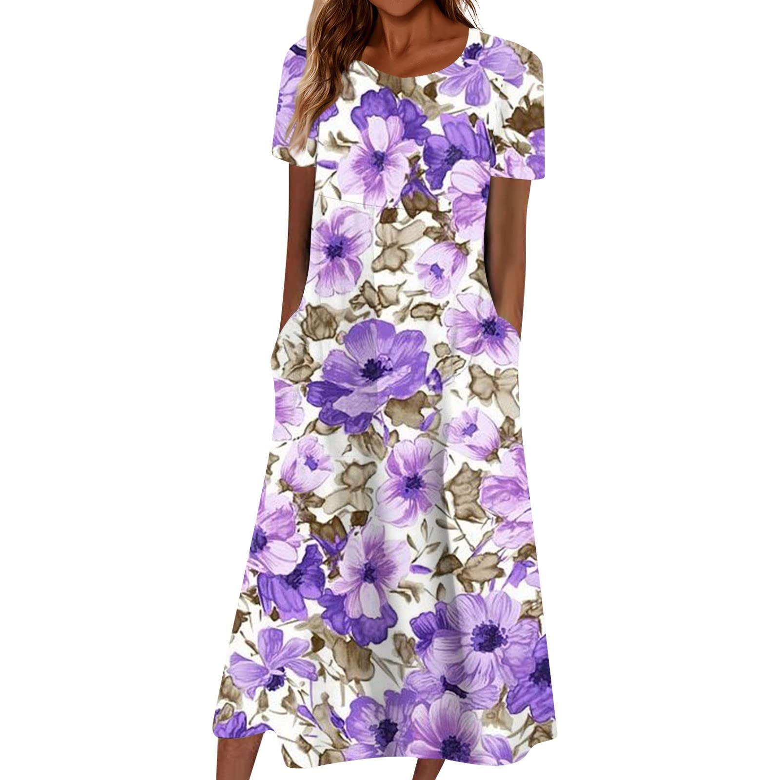 2024 Women's Summer Maxi Dresses - Boho Floral Print Crewneck Short Sleeve Flowy Beach Dress with Pockets | Perfect for Vacation, Pool Party & Casual Outings