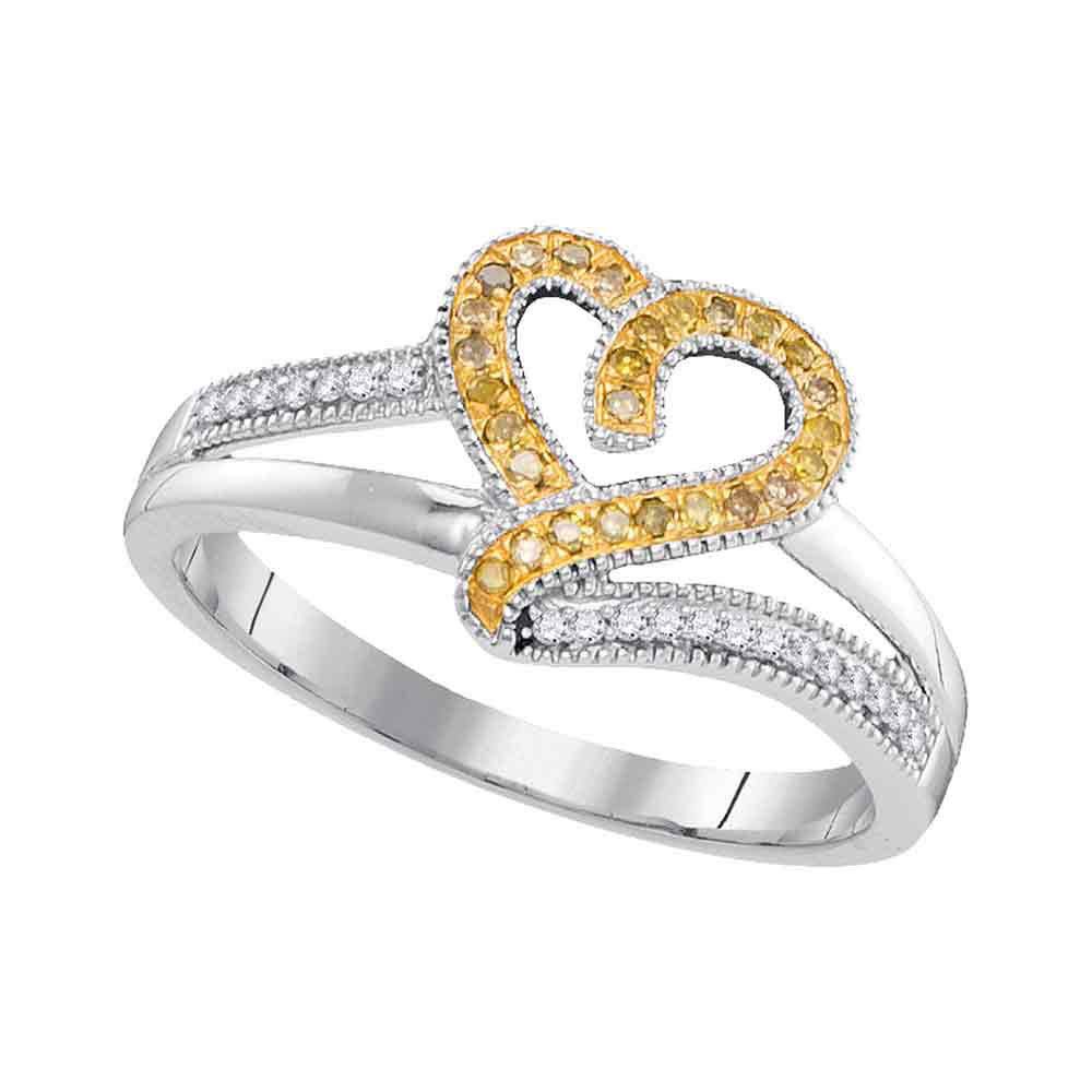 10K White Gold Women's Round Yellow Enhanced Diamond Heart Ring - 1/8 CTTW, Elegant Valentine's Gift for Her, Anniversary Jewelry & Romantic Occasion Present