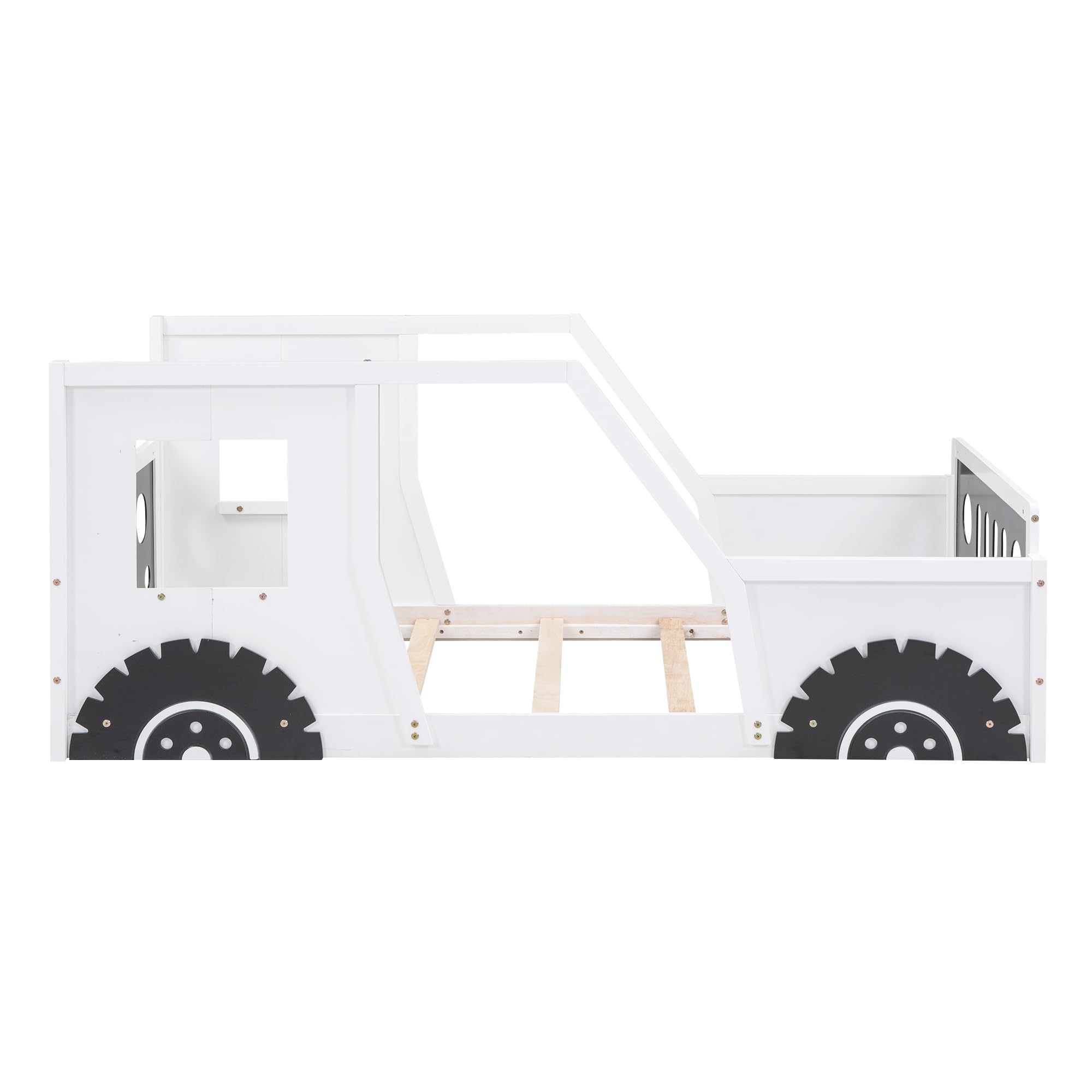 Twin Size Wooden Race Car Bed Frame with Headboard & Footboard - 4 Safety Side Rails - Kids Floor Bed for Boys & Girls - Perfect for Bedrooms, Playrooms & Sleepovers (White)