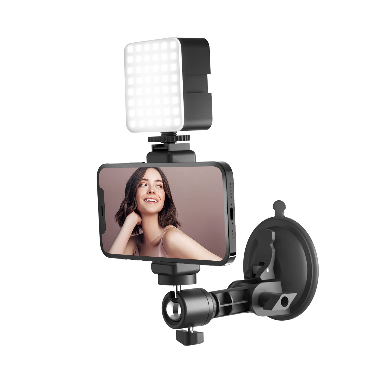 Suction Cup Mirror Phone Holder with Light - Universal Travel Wall Mount for Makeup, Content Creation & Selfies - Adjustable Mirror Tripod for Bathroom, Kitchen & Vanity - Works on All Smooth Surfaces (Perfect for Vloggers, Beauty Tutorials & Home Use)
