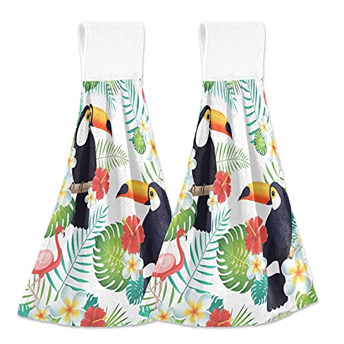 2 Pack Tropical Toucans & Flamingos Hanging Kitchen Towels - Colorful Hibiscus Print Soft Microfiber Hand Towels with Loops, Absorbent Coral Velvet Dish Towels for Kitchen, Bathroom & Beach Decor