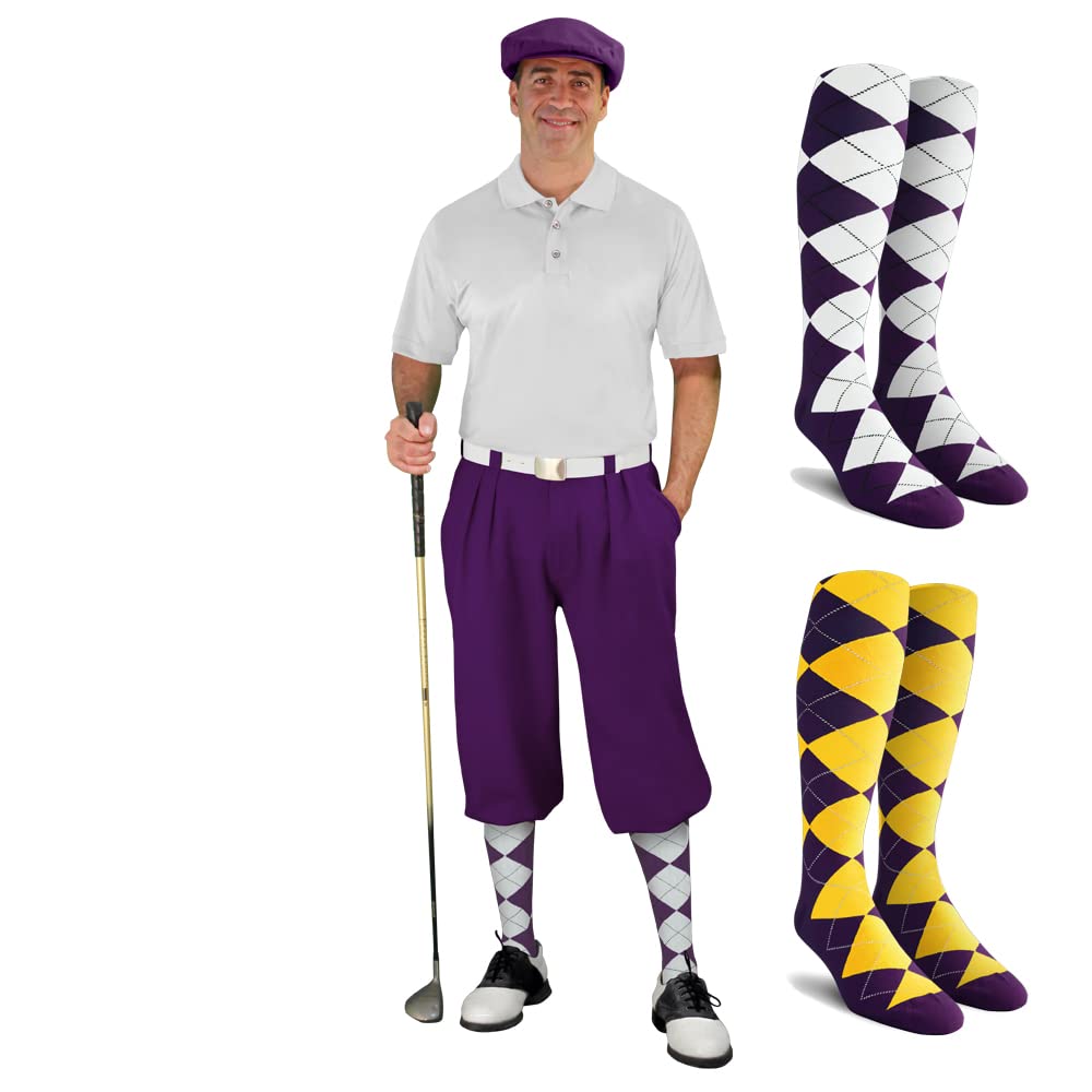 Men's Stylish Purple Golf Outfit Set - Matching Knickers, Cap & 2 Over-The-Calf Socks for Comfortable Golfing & Casual Wear