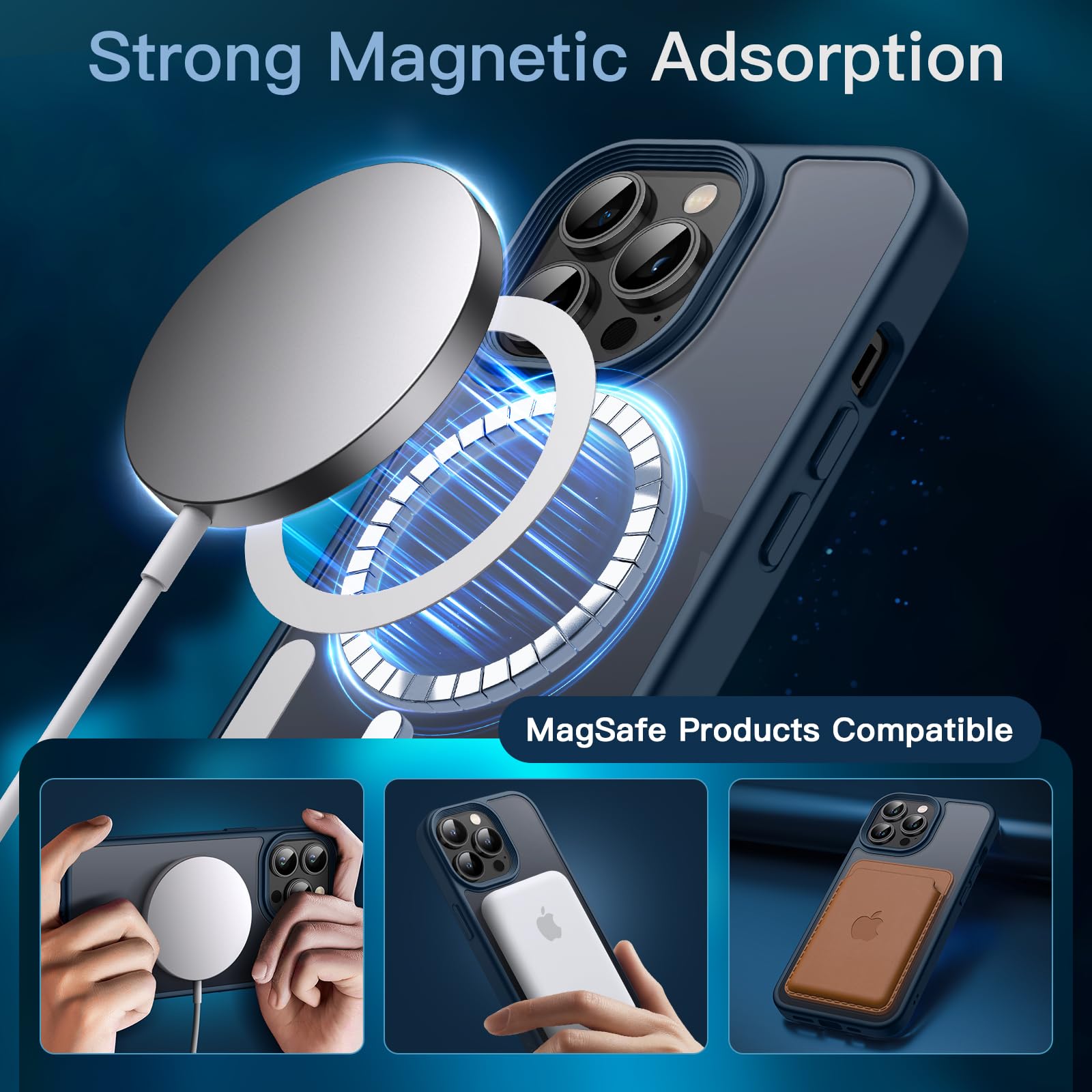 JETech 3 in 1 Magnetic Case for iPhone 14 Pro 6.1-Inch with 2-Pack Tempered Glass Screen Protector | MagSafe Compatible | Translucent Matte Shockproof Phone Cover (Storm Blue) - Perfect for Daily Use, Travel & Outdoor Protection