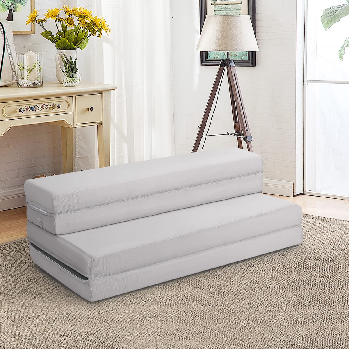 KOMFOTT 4 Inch Tri-Fold Foam Mattress - Twin XL Size with Removable Washable Cover - Portable Folding Guest Bed for Camping, Travel & Home Use - Gray Comfort Mattress for Floor, Sofa & Temporary Sleeping