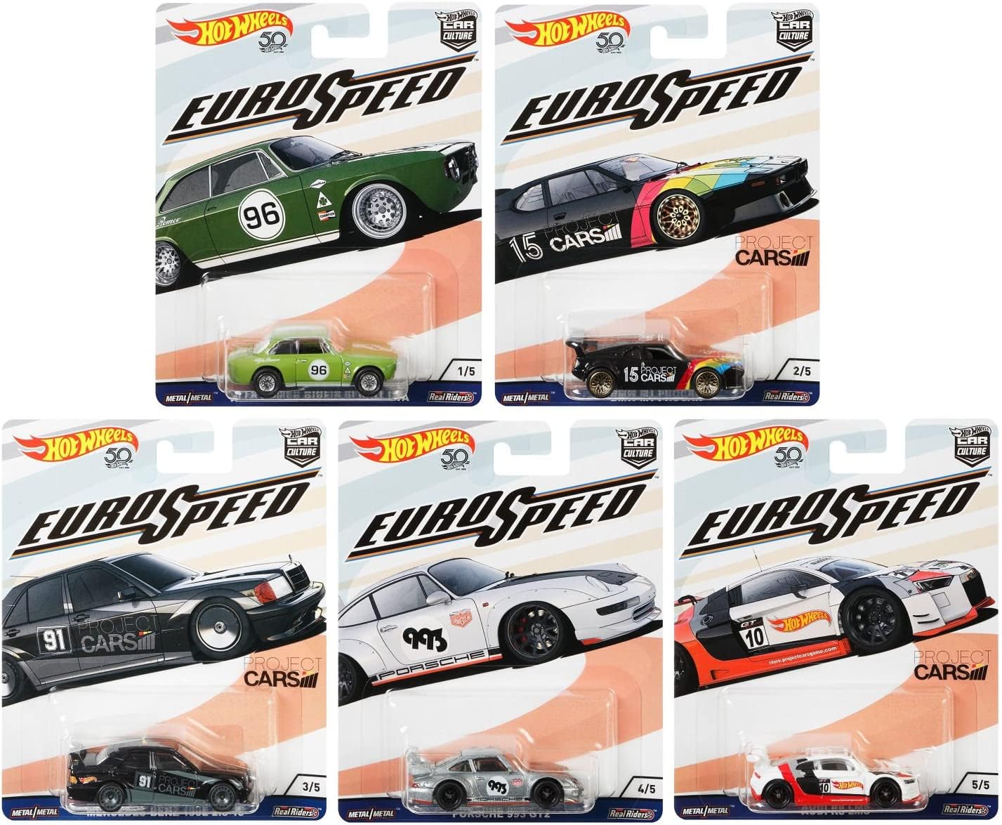 Hot Wheels 1:64 Scale Car Culture 2018 Euro Speed Diecast Cars - 5-Piece Collector's Set for Racing Enthusiasts & Display - Perfect for Play, Collection, and Home/Office Decor