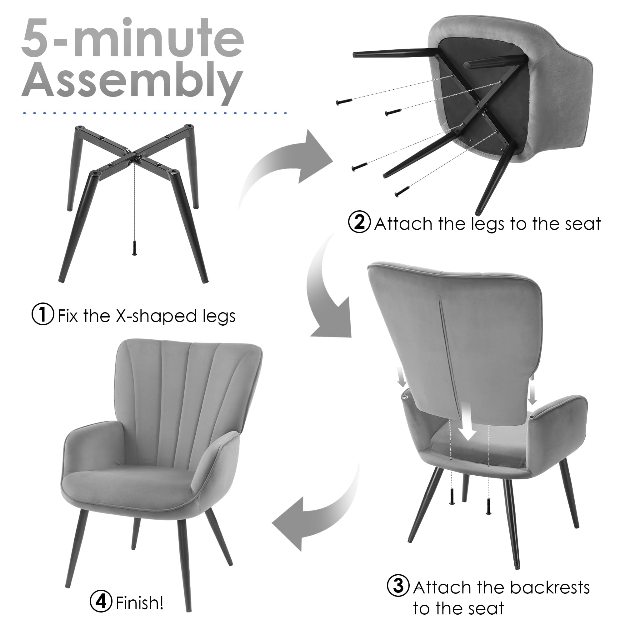 PrimeZone Velvet Accent Chair - Mid Century Modern Wingback Armchair with Metal Legs for Living Room, Bedroom & Home Office | Soft Upholstered Reading Chair in Grey | Perfect for Relaxing, Reading & Enhancing Home Decor