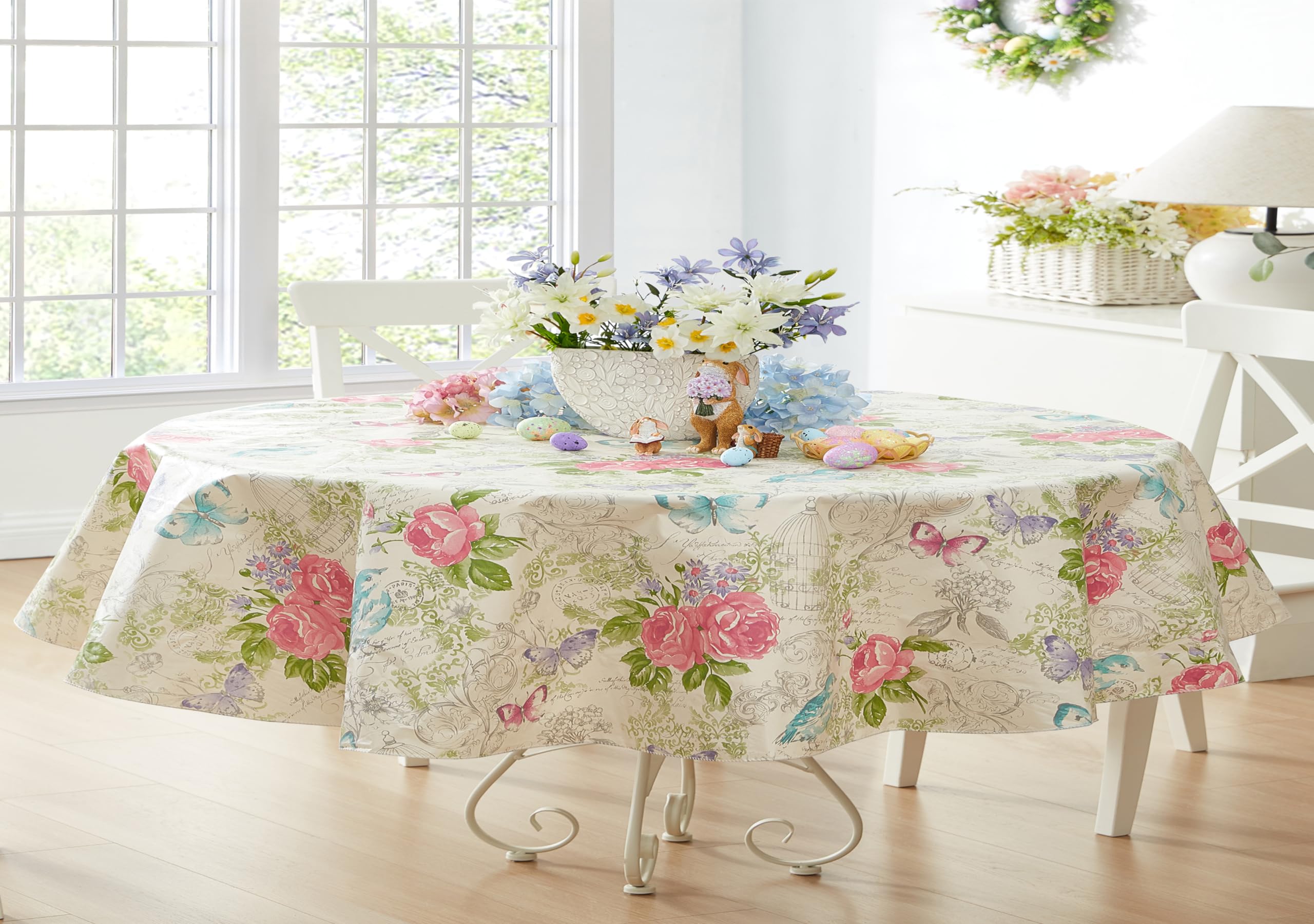 Easter Floral Oval Vinyl Tablecloth 60x84 Inch - Pastel Rose & Butterfly French Country Design with Flannel Backing for Dining Table, Party Decor, Spring Celebration, Holiday Gathering, Outdoor Picnic