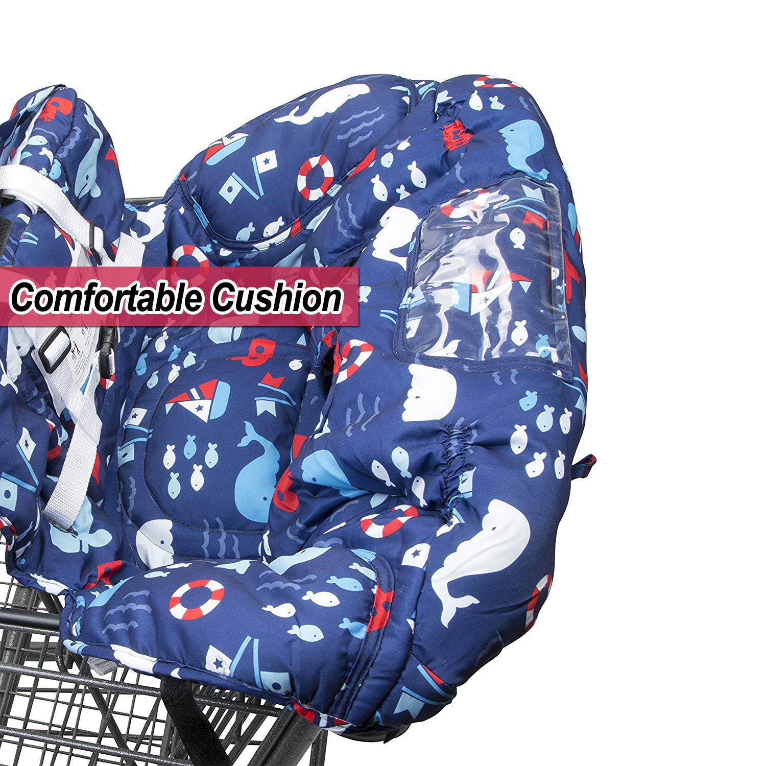 Baby Shopping Cart Cover - 2-in-1 Foldable Portable High Chair & Grocery Cart Seat with Storage Bag for Infants to Toddlers | Blue Whale Design | Perfect for Supermarkets, Restaurants & Travel