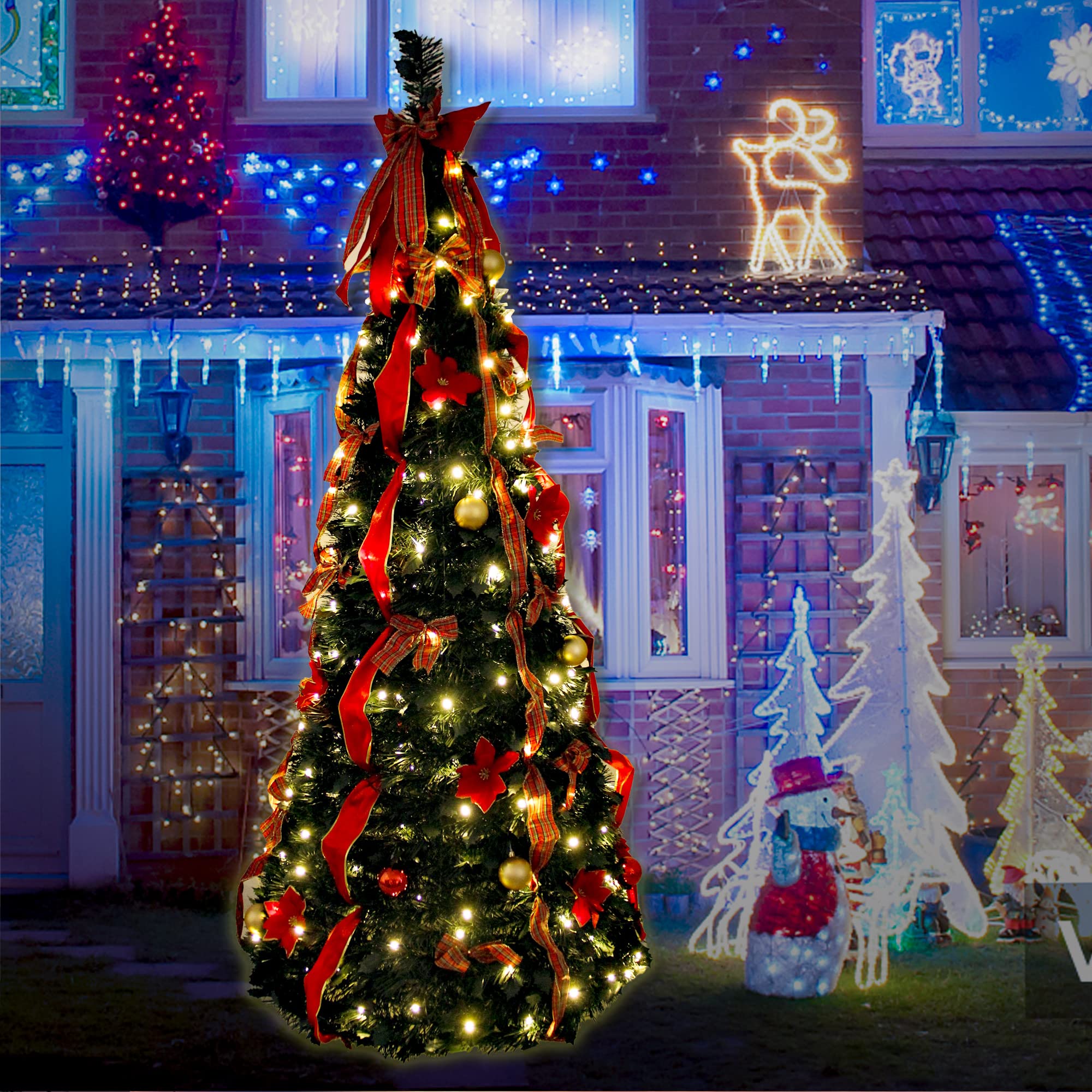 6FT Pre-Lit Pop-Up Christmas Tree with Red Ribbon Bow & Sparkling Ball Ornaments - Indoor/Outdoor Artificial Holiday Decor for Living Room, Porch, Office & Party Decorations