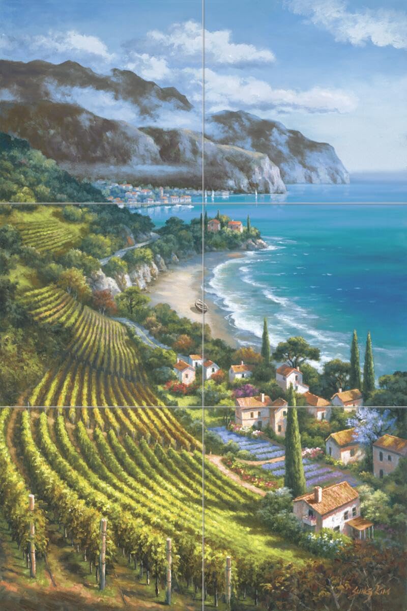 Ceramic Backsplash Tile Mural - Water View Landscape Overlooking Vineyard Village - Kitchen Bathroom Shower Wall Decor - Handmade Art Tiles by Sung Kim - Perfect for Coastal, Farmhouse & Modern Home Interiors
