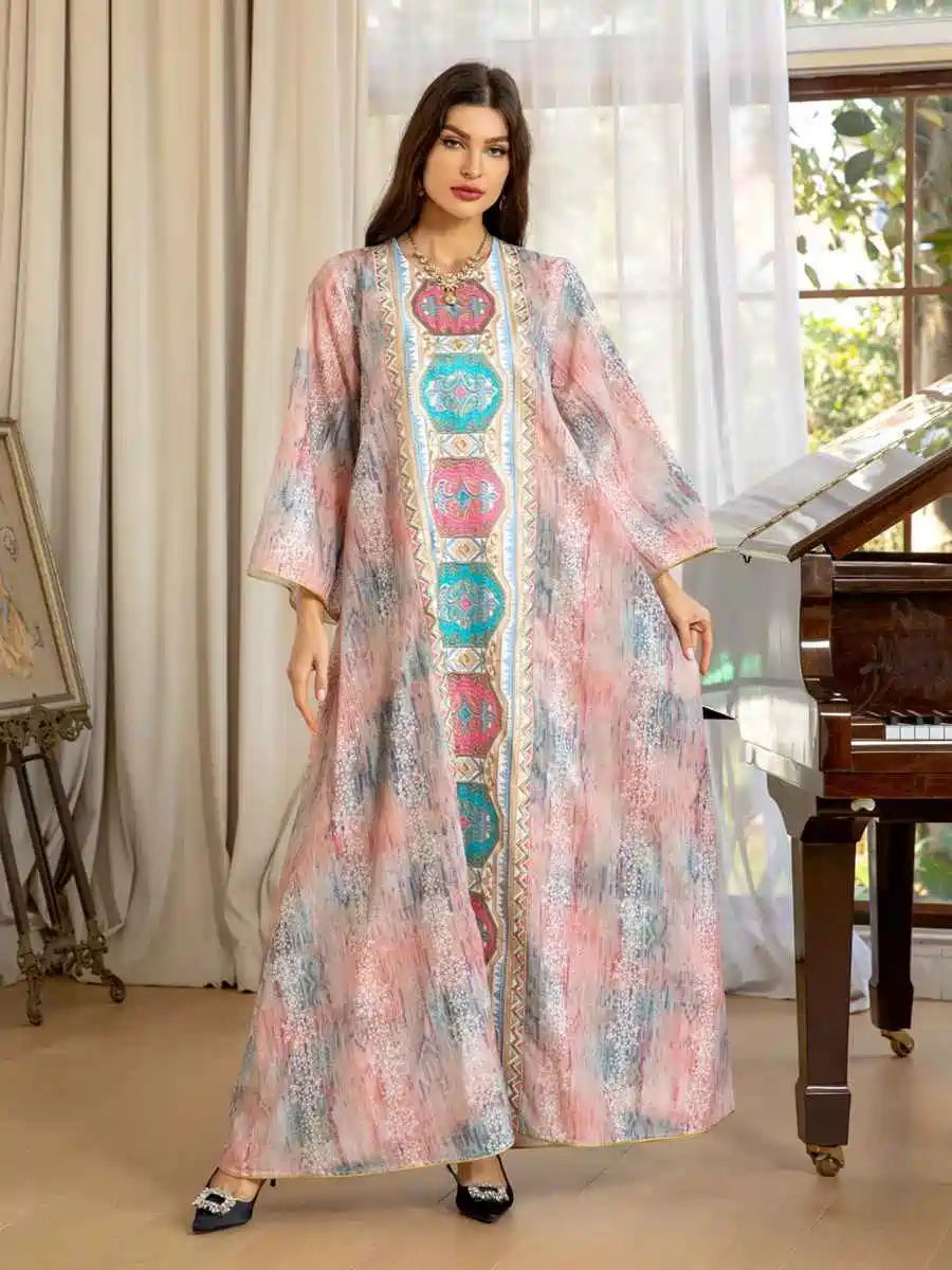 Elegant Eid Dress with Embroidery & Printed Floral Design - Long Caftan Kaftan Dress for Women #25426 | Perfect for Eid Celebrations, Weddings & Special Occasions