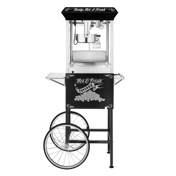 Superior Popcorn Machine with Cart - 8oz Commercial Popcorn Popper with Stainless Steel Kettle, Heated Warming Deck & Old Maids Drawer - Perfect for Movie Nights, Parties & Concession Stands (Black)