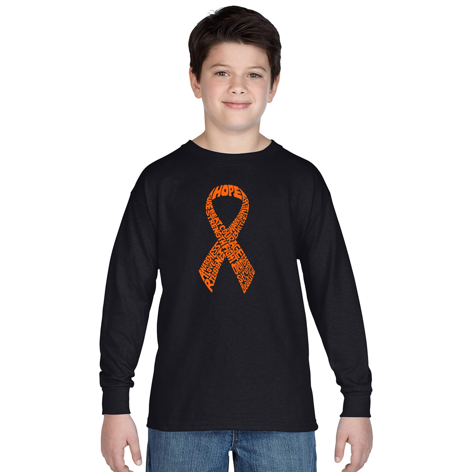 LA POP ART Boys' Word Art Long Sleeve T-Shirt - Ribbon Design for Kids | Trendy Graphic Tee for School, Playdates & Casual Wear