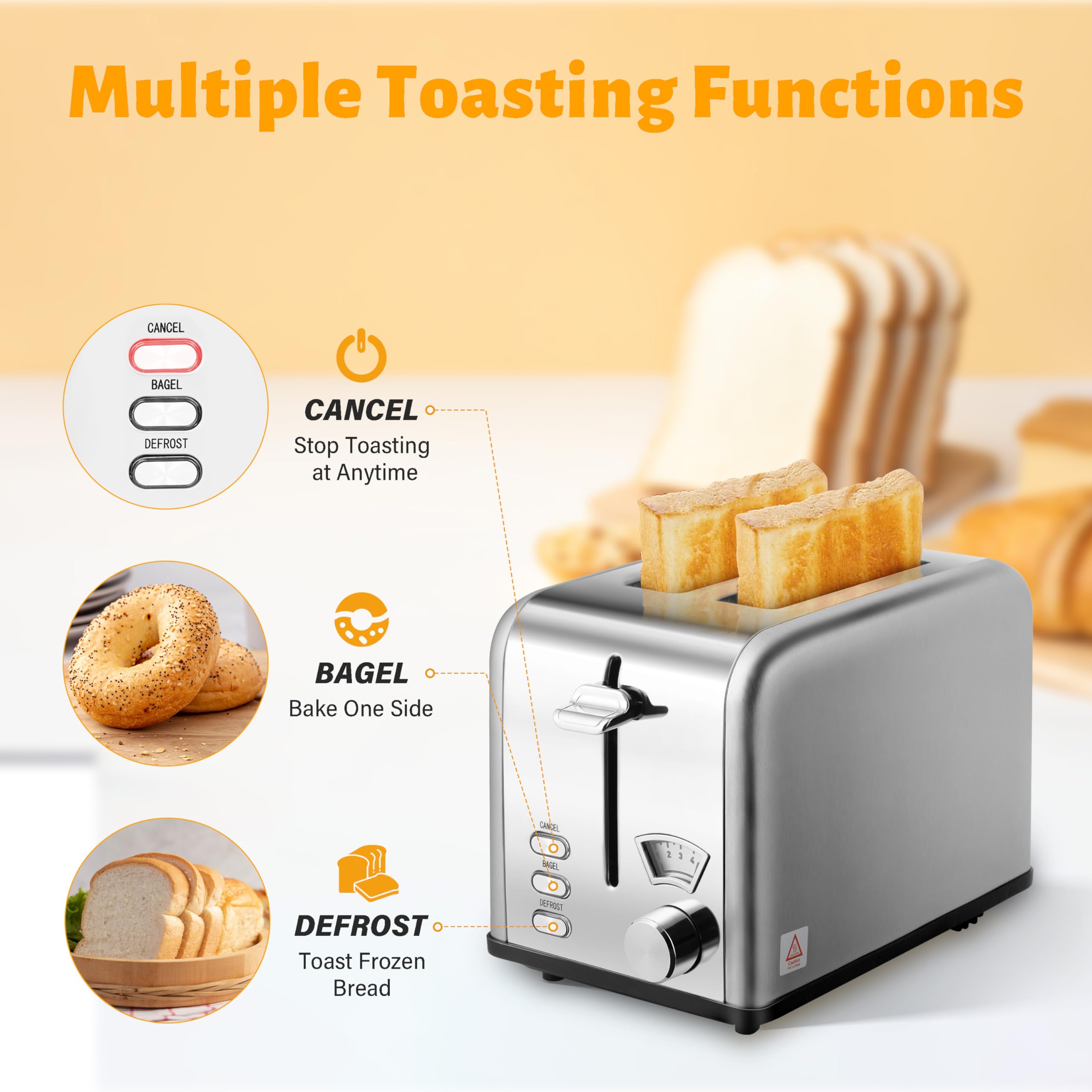 HealSmart 2 Slice Stainless Steel Toaster - Extra Wide Slots, Removable Crumb Tray, 5 Shade Settings | Bagel, Defrost & Cancel Functions | Retro Compact Design for Bread, Waffles, Bagels & Pastries | Perfect for Kitchens, Dorms, Offices & Small Spaces (Silver)