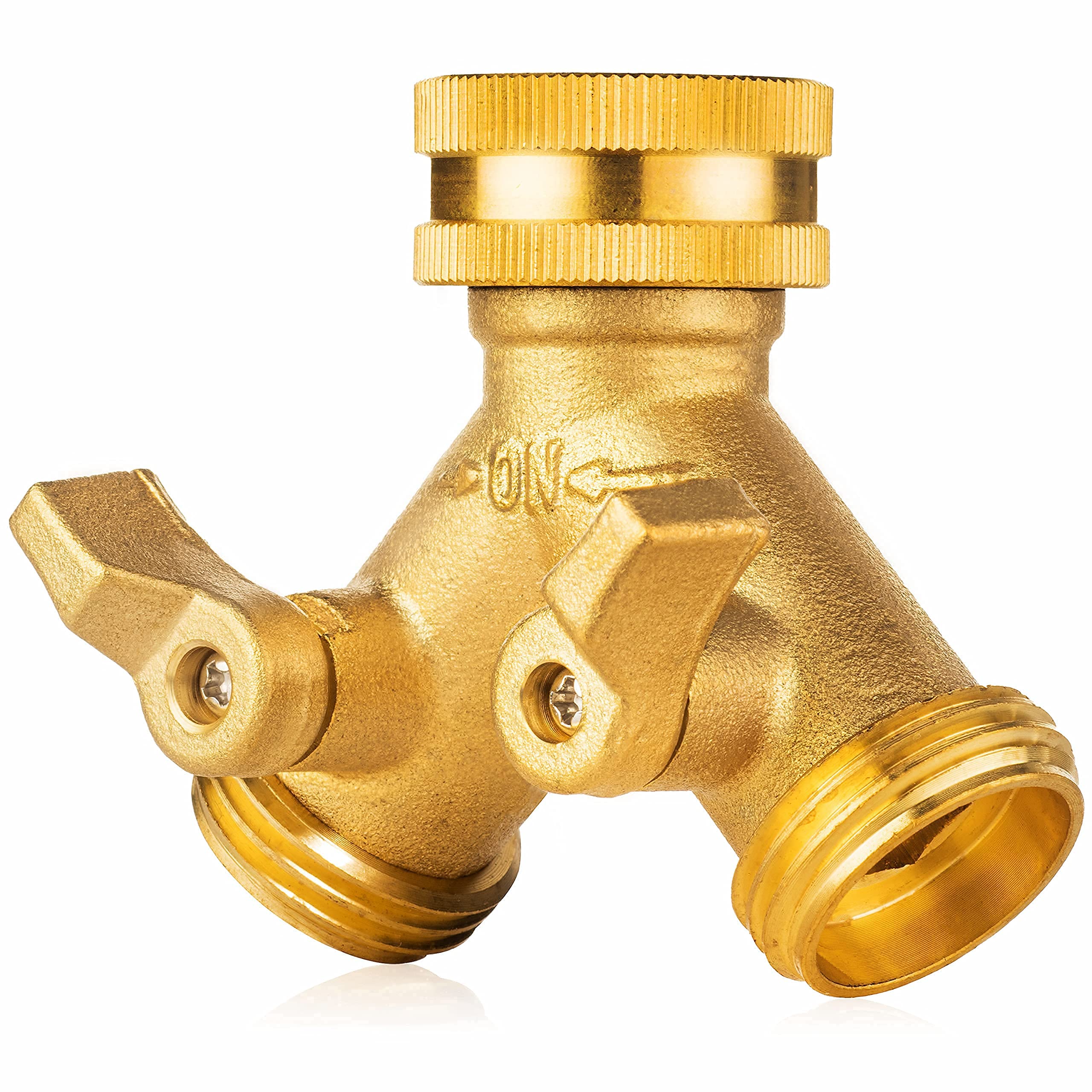 Heavy Duty 2 Way Brass Garden Hose Splitter - Double Valve Faucet Spigot Y Adapter with 2 Rubber Washers & Tape for Outdoor Watering, Lawn Care, Car Washing and Pool Maintenance
