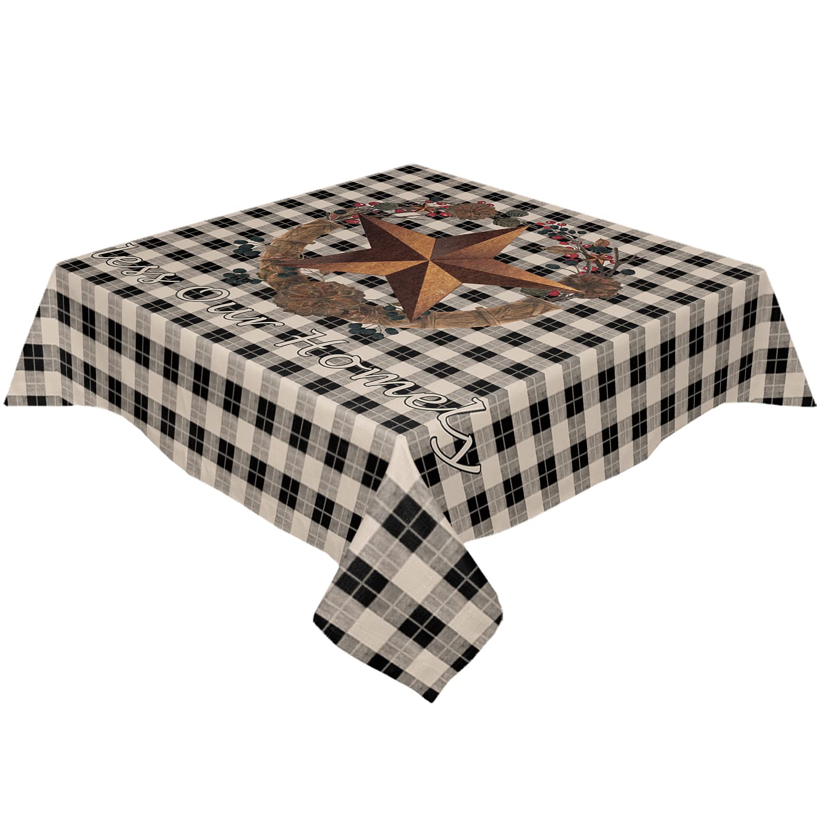 **53x53 Inch Waterproof Wrinkle Stain Resistant Tablecloth - Indoor Outdoor Washable Table Cover for Dining Table, Kitchen, Picnic - Retro Forest Berry Circle Country Star Rustic Buffalo Plaid Decor**    *(Use for dinner parties, outdoor picnics, kitchen decor, rustic weddings, and farmhouse-style home decoration.)*