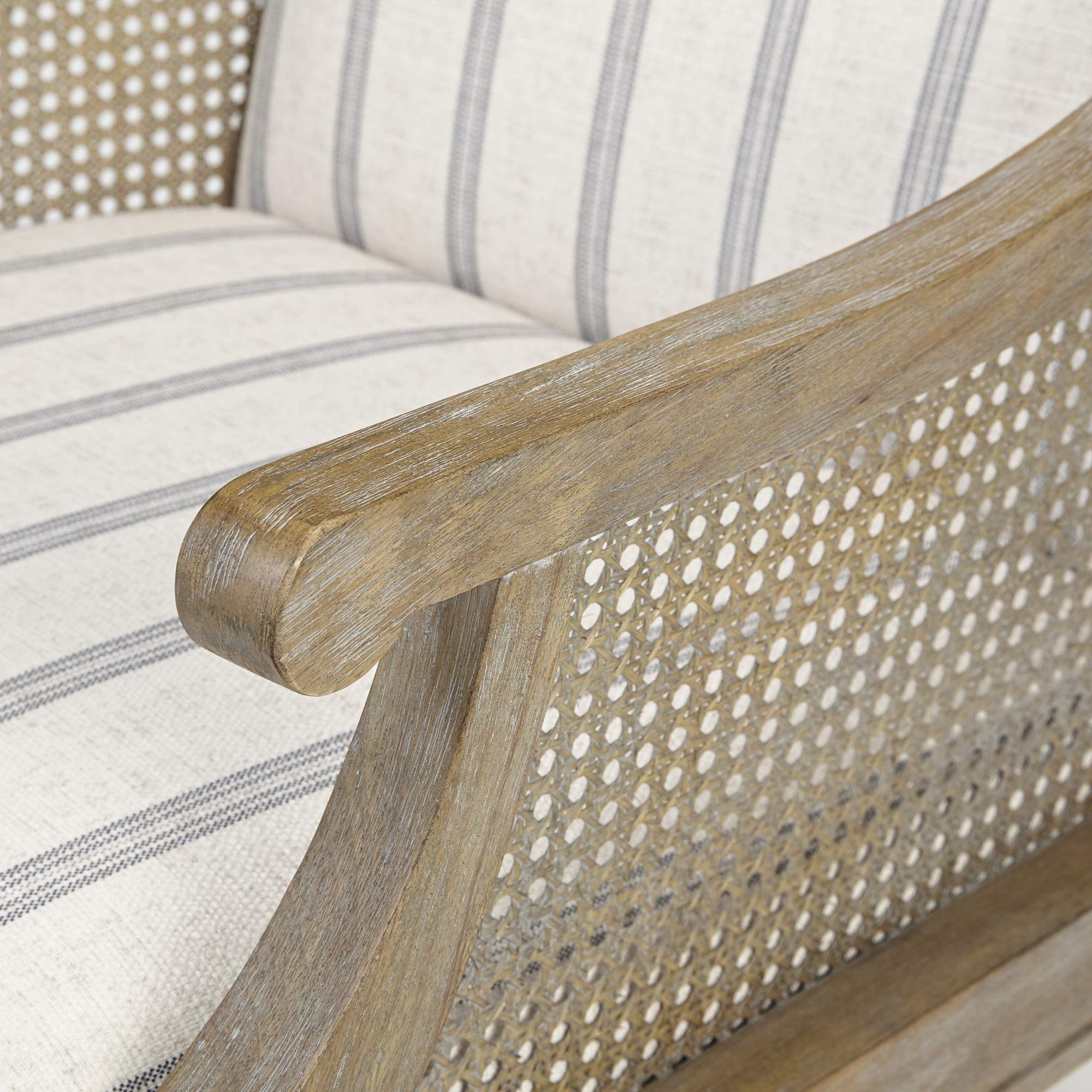 Solid Wood Frame Cane Webbed Accent Chair with Swoop Track Arms & Turned Legs - Farmhouse, Coastal, Cottage Style Deep Seating Lounge Chair for Living Room, Bedroom, or Sunroom - Reclaimed Wood Beige Finish