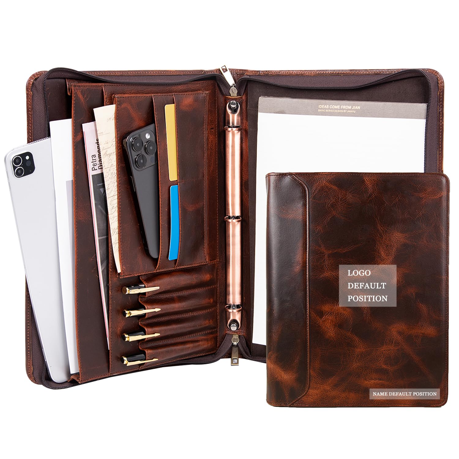 Personalized Leather Binder Portfolio with Free Engraved Name - Handmade 3 Ring Zippered Padfolio for Men & Women - Custom A4 Document Organizer & Resume Holder - Oil Wax Leather Business Folder for Office, Meetings, and Professional Presentations