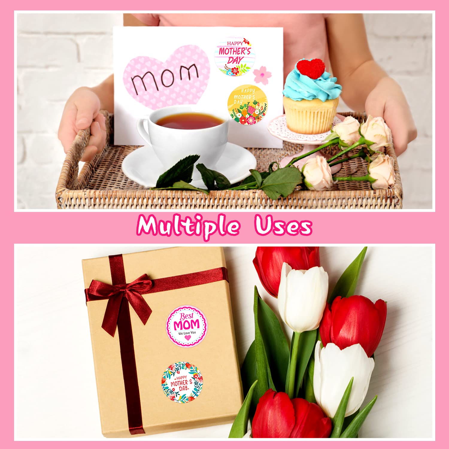 144 PCS Happy Mother's Day Stickers - Self-Adhesive Party Labels for Cards, Birthday & Decorations - Perfect for DIY Crafts, Scrapbooking & Party Favors - Great for Mother's Day Celebrations & Gift Wrapping