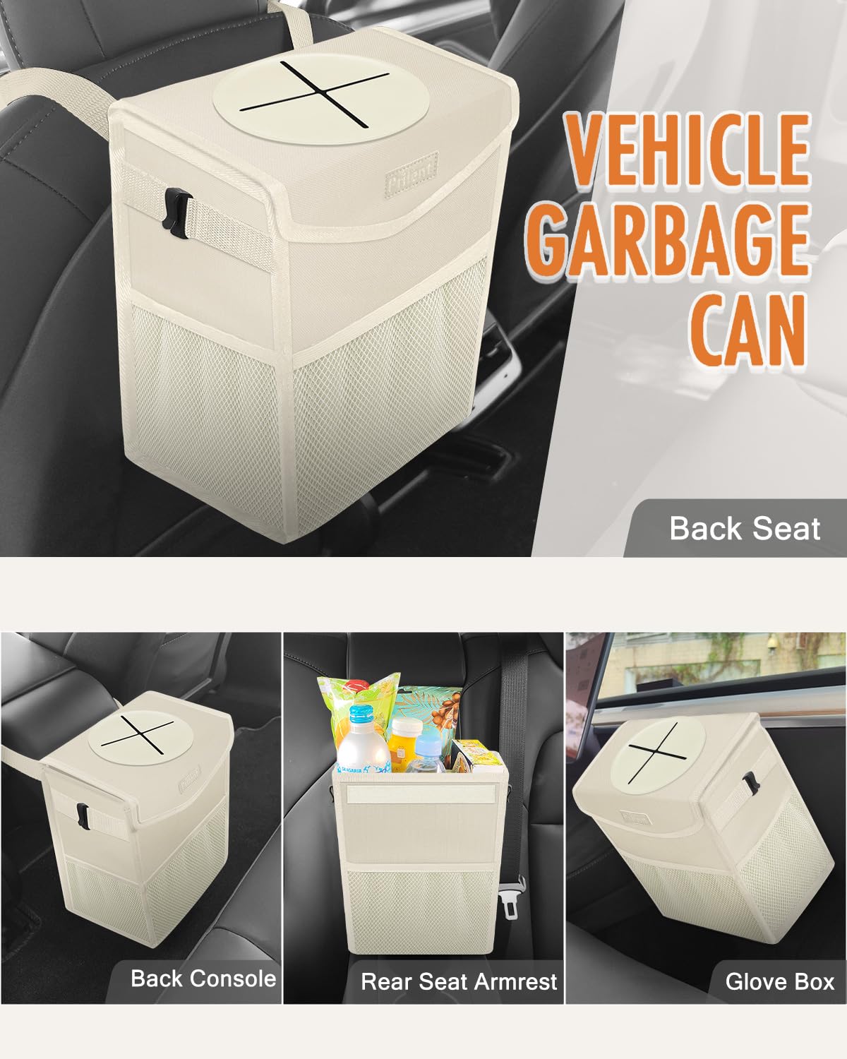 Leakproof Car Trash Can with Lid - Hanging Vehicle Garbage Bin Organizer for Front/Back Seat, Portable Automotive Trash Bag (Trapezoid, Beige) - Perfect for Road Trips, Commuting & Keeping Your Car Clean